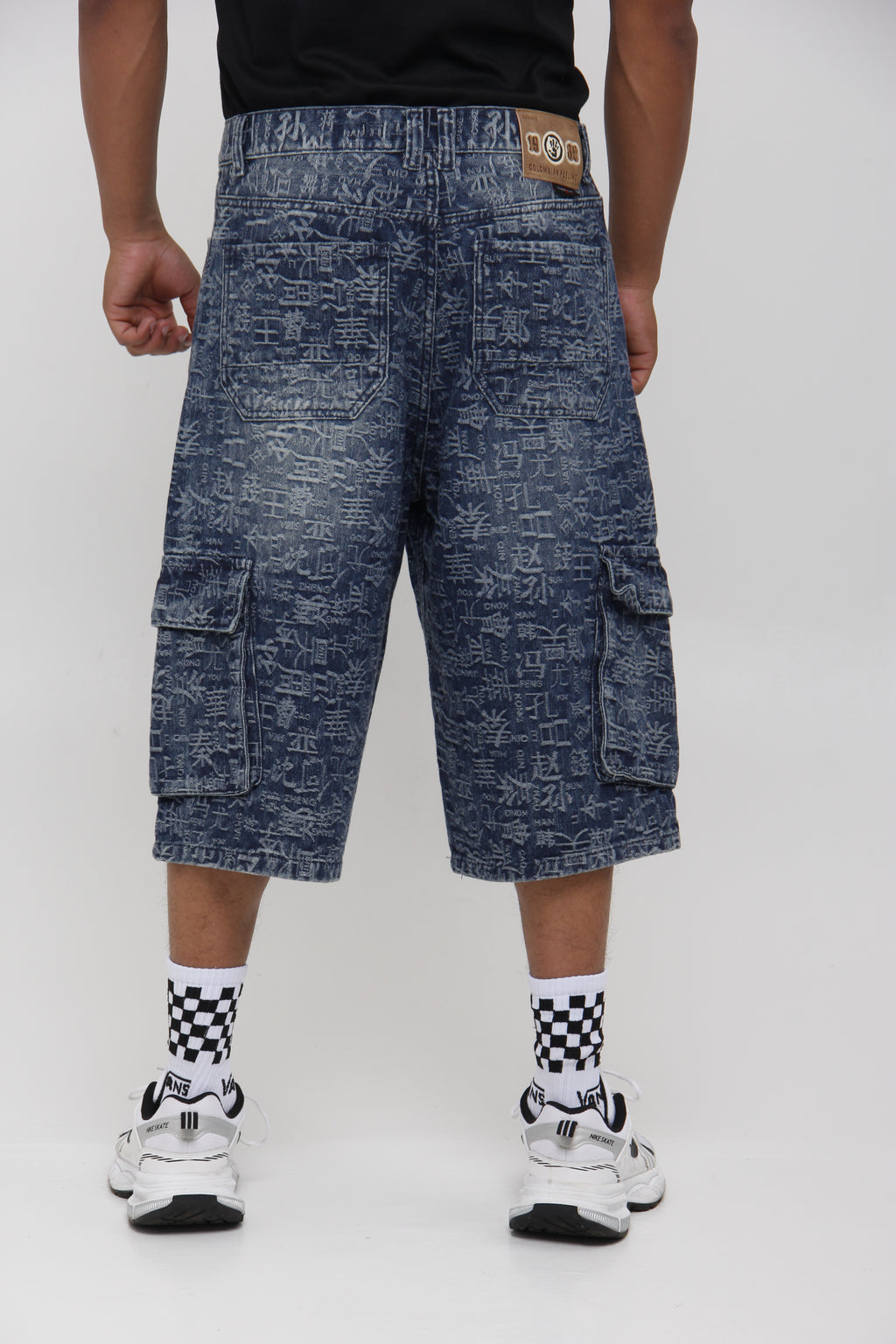 Jorts de Jean Cargo Azul Estampado Oriental para Hombre