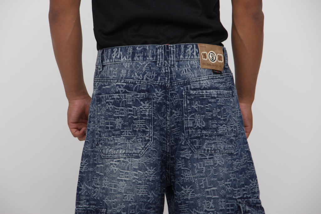 Jorts de Jean Cargo Azul Estampado Oriental para Hombre
