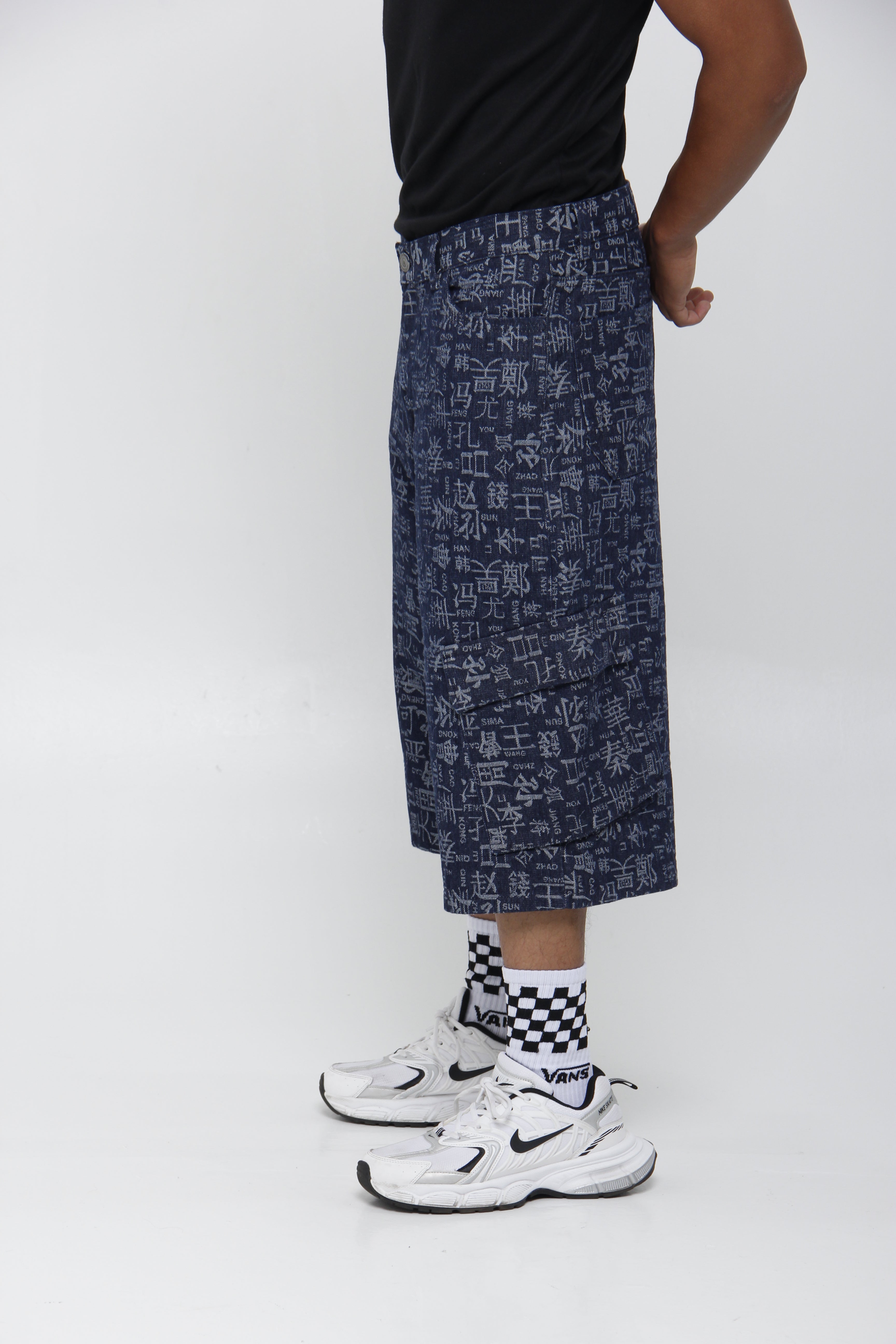 Jorts de Jean Cargo Azul Estampado Oriental para Hombre
