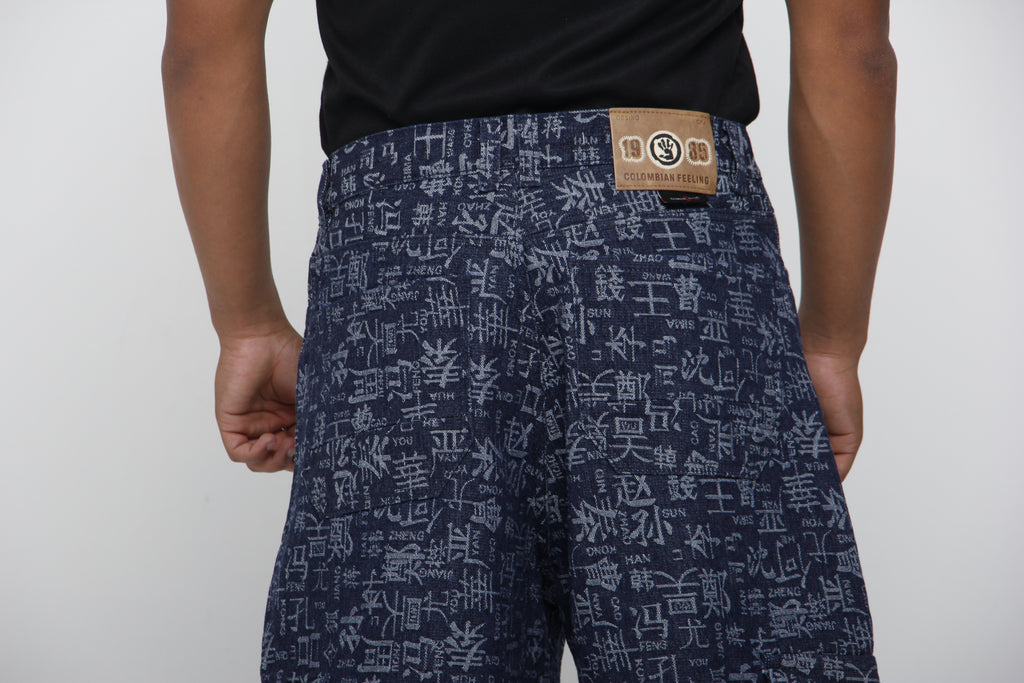 Jorts de Jean Cargo Azul Estampado Oriental para Hombre