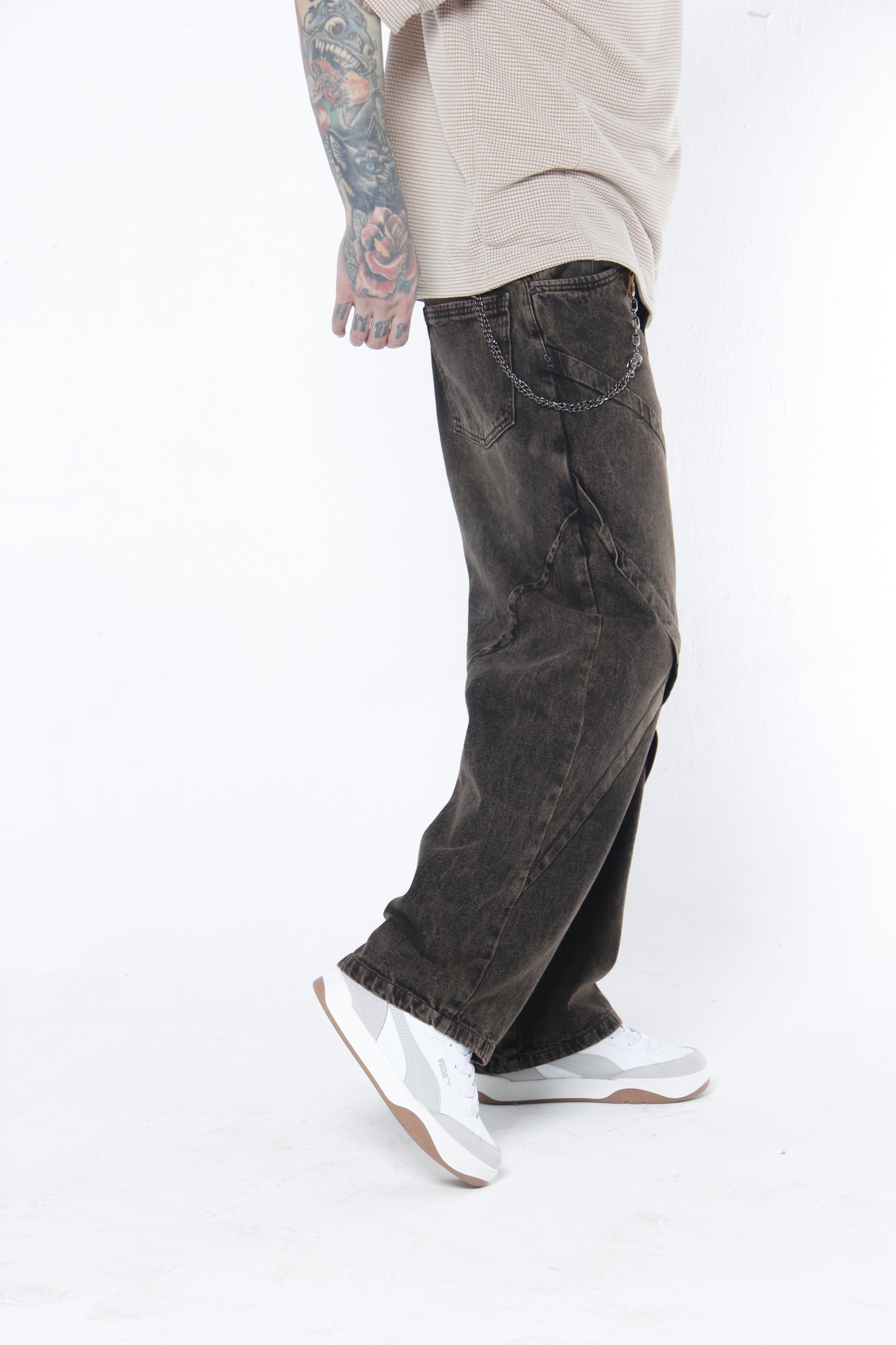Jean Baggy Hombre Café Desgastado con Cortes | Denim
