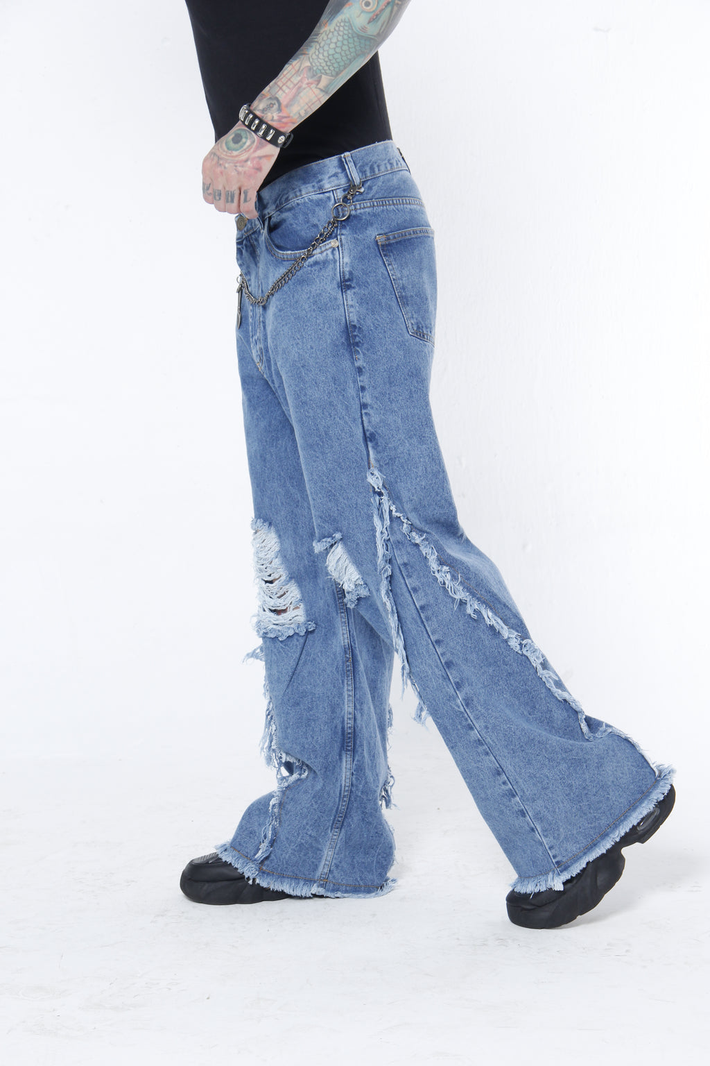 Jean Baggy para Hombre con Flecos y Rotos - Pantalón Denim Azul Estilo Grunge Punk con Cadena