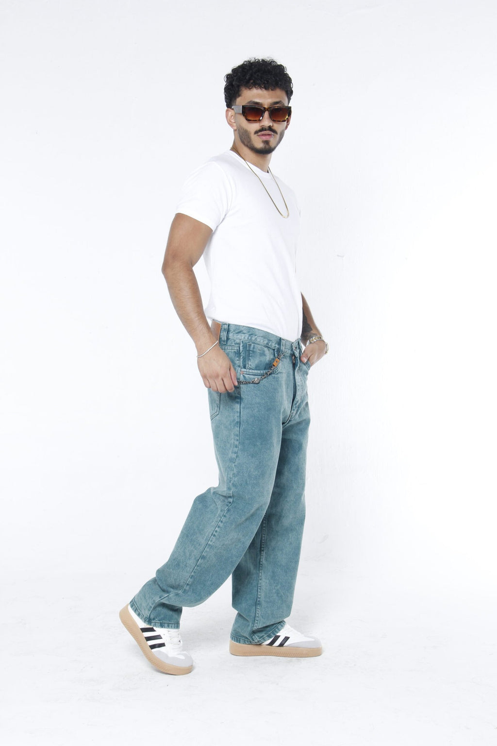 Jeans Hombre Baggy Fit - Lavado Vintage Azul Verdoso (Green Cast) Sin Roturas