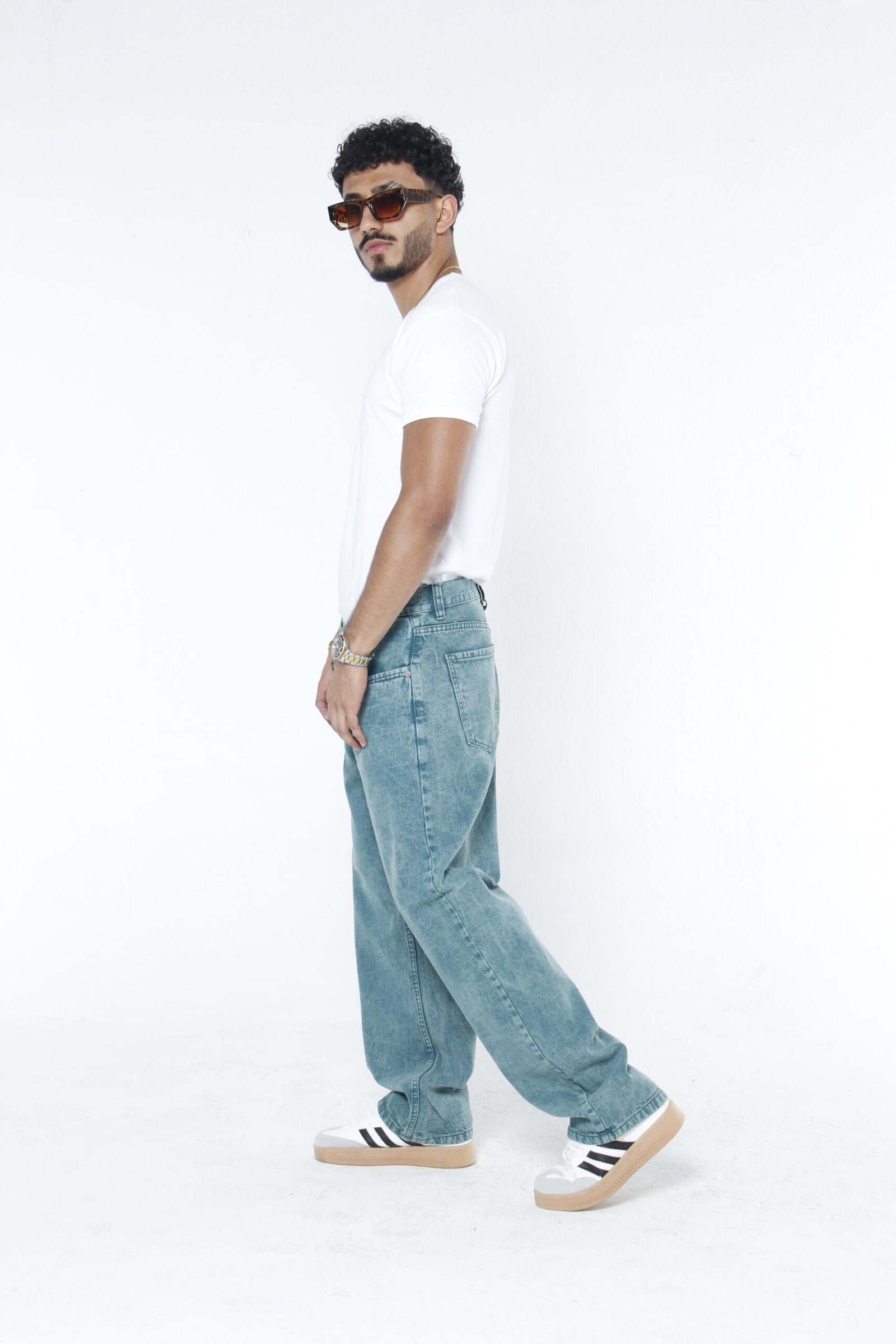 Jeans Hombre Baggy Fit - Lavado Vintage Azul Verdoso (Green Cast) Sin Roturas