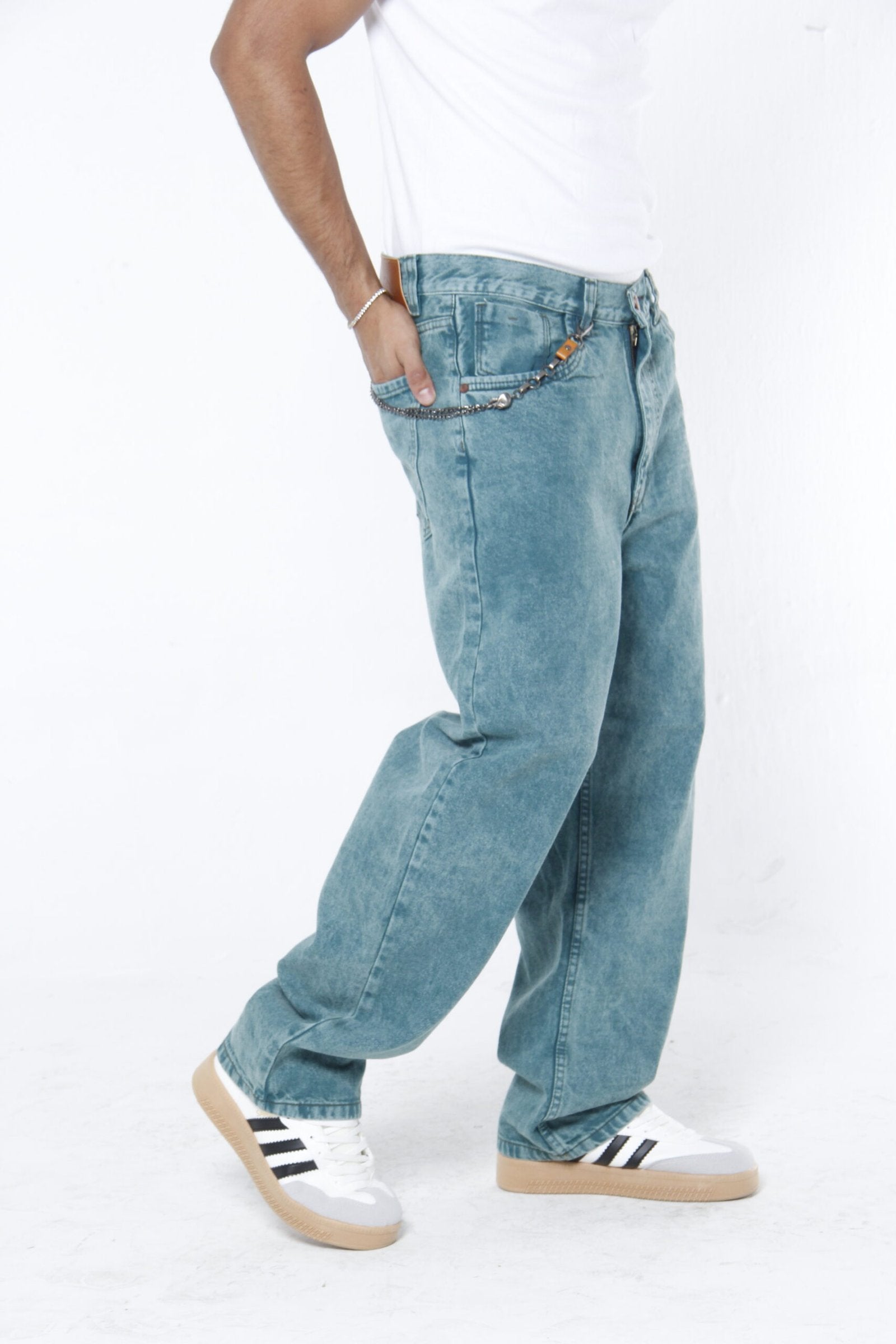Jeans Hombre Baggy Fit - Lavado Vintage Azul Verdoso (Green Cast) Sin Roturas