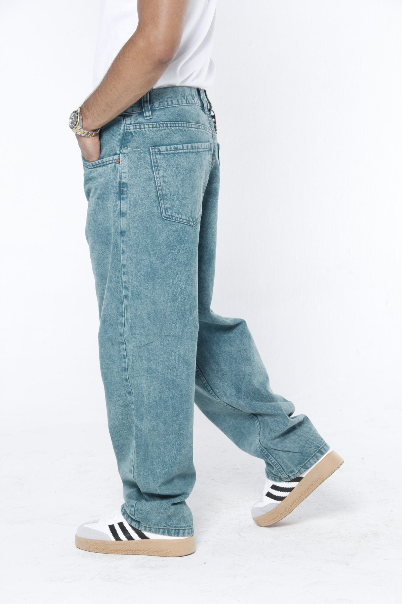 Jeans Hombre Baggy Fit - Lavado Vintage Azul Verdoso (Green Cast) Sin Roturas