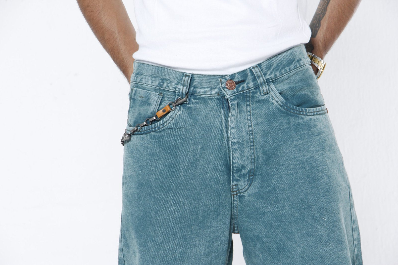 Jeans Hombre Baggy Fit - Lavado Vintage Azul Verdoso (Green Cast) Sin Roturas
