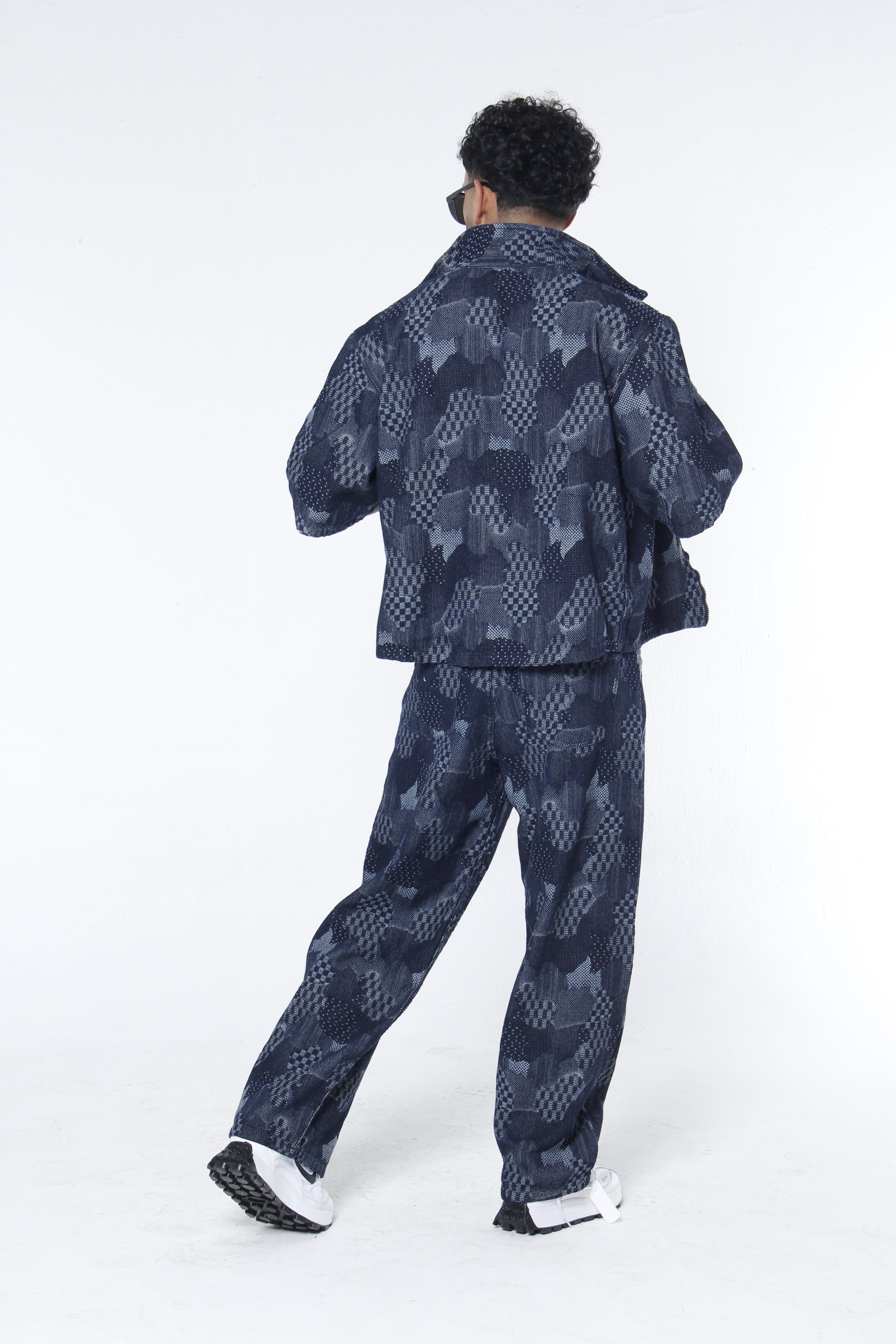 Camisa Boxy Fit Jackard Azul Oscuro Geométrico
