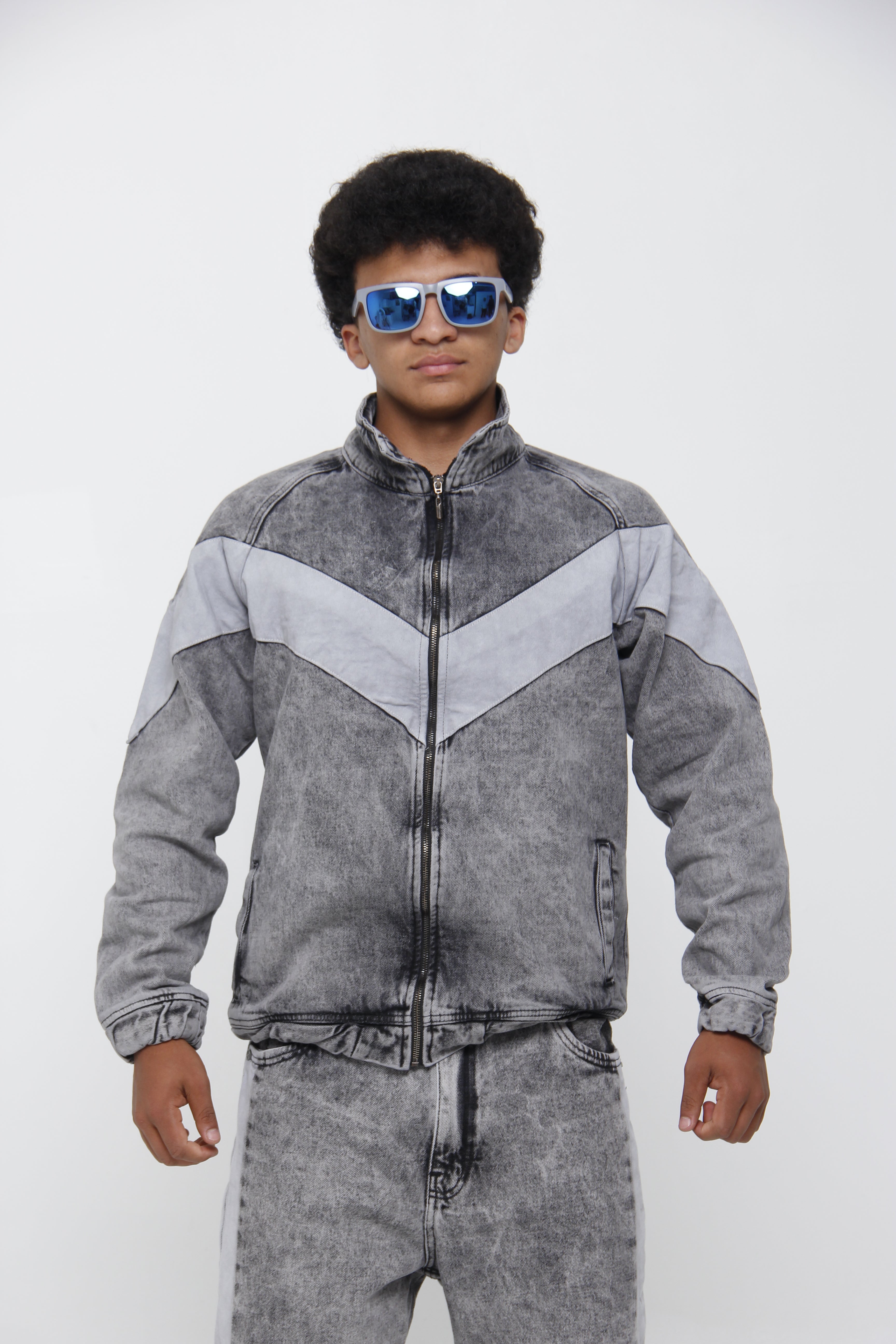 Chaqueta de Jean Gris Track Jacket para Hombre - Estilo Urbano Racing