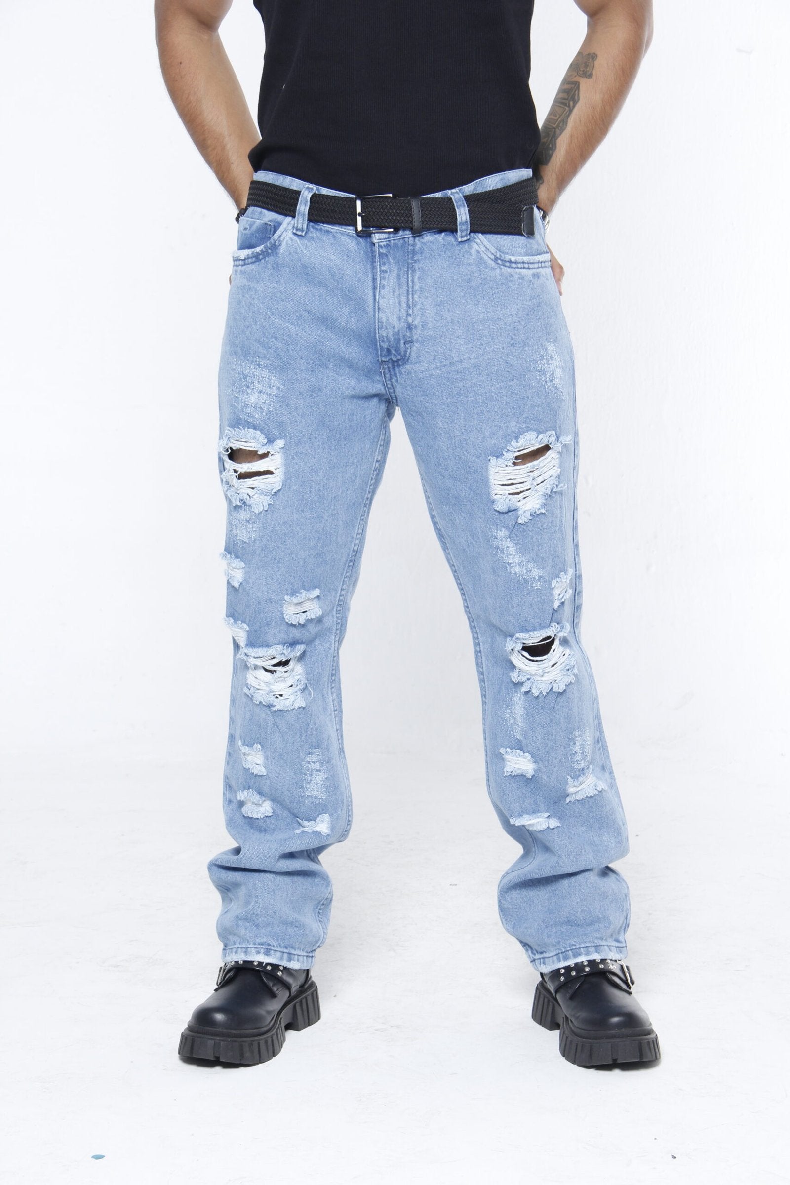 Jeans Rotos Hombre Light Blue -  (Straight Fit) Estilo Urbano