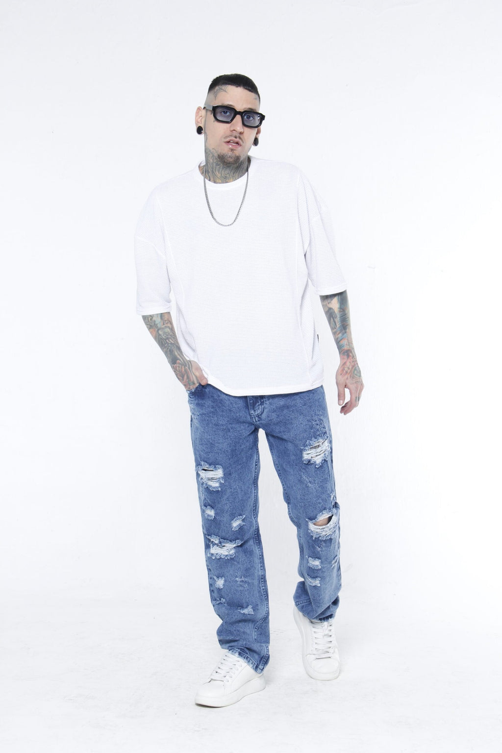 Jeans Rotos Hombre "Destroyed" - (Straight Fit) Azul Medio