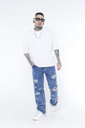 Jeans Rotos Hombre "Destroyed" - (Straight Fit) Azul Medio