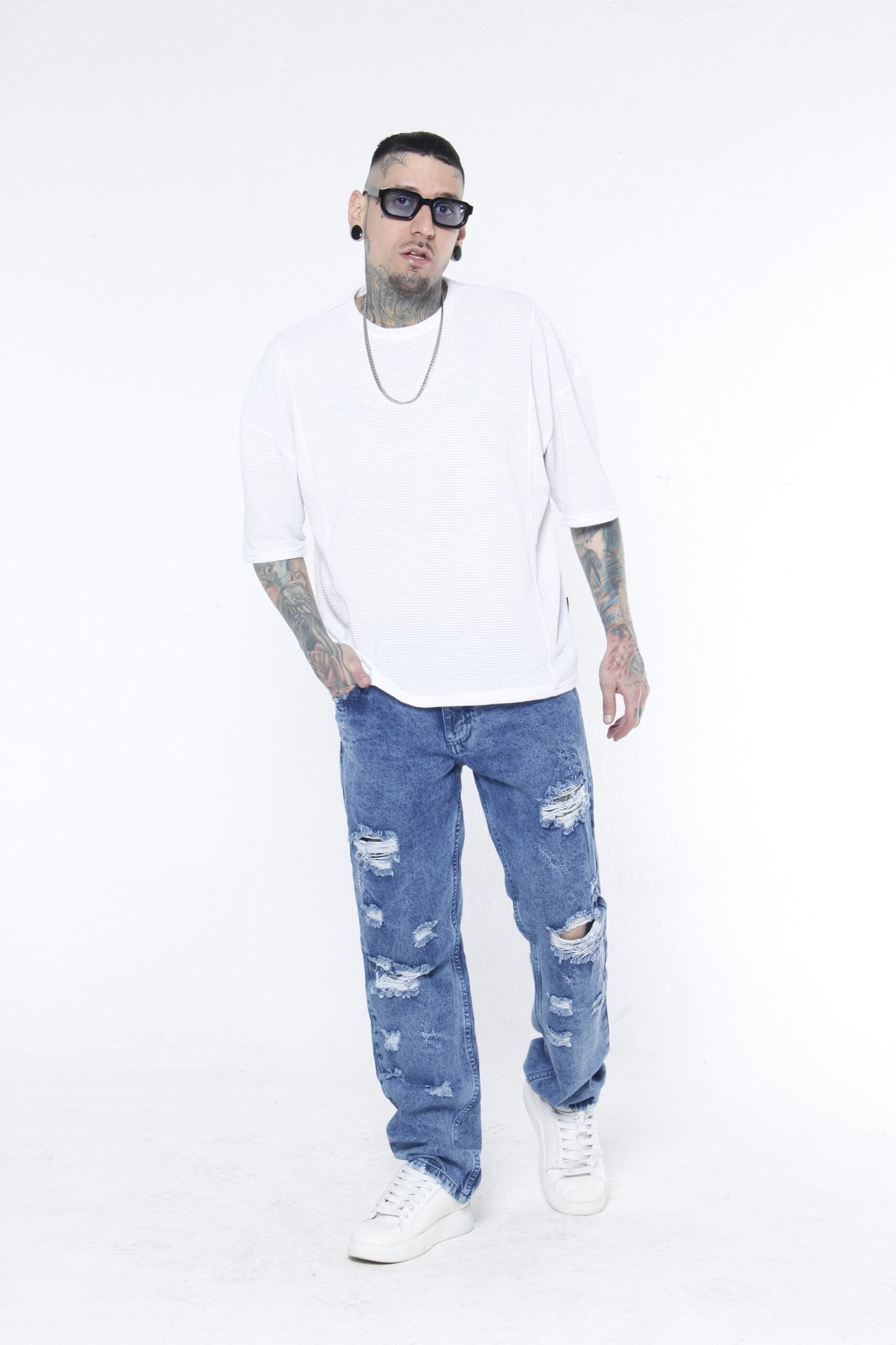 Jeans Rotos Hombre "Destroyed" - (Straight Fit) Azul Medio