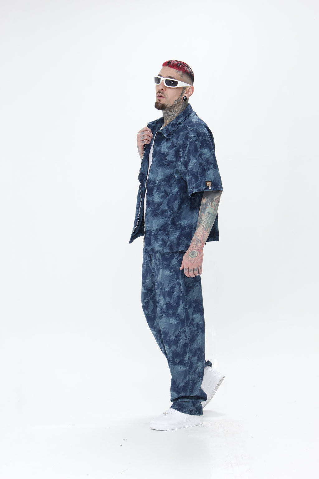 Camisa Jackard Denim | Zip-Up Boxy Fit Azul - Verde