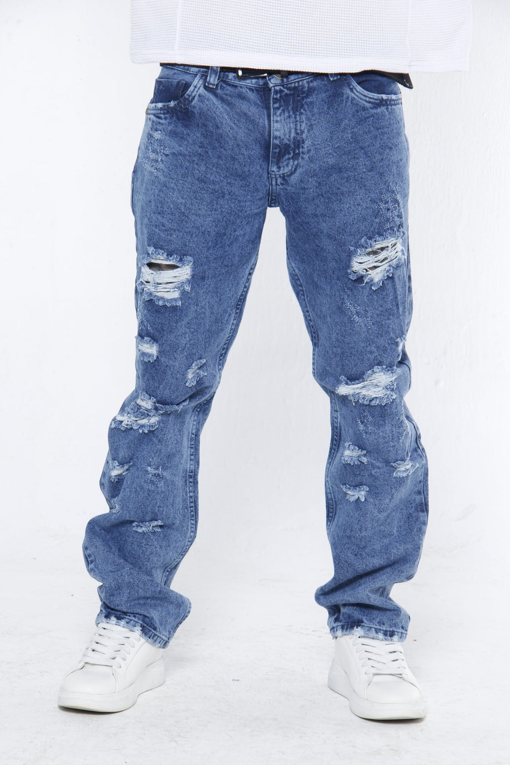 Jeans Rotos Hombre "Destroyed" - (Straight Fit) Azul Medio