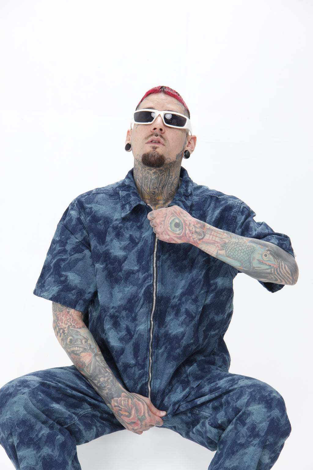 Camisa Jackard Denim | Zip-Up Boxy Fit Azul - Verde