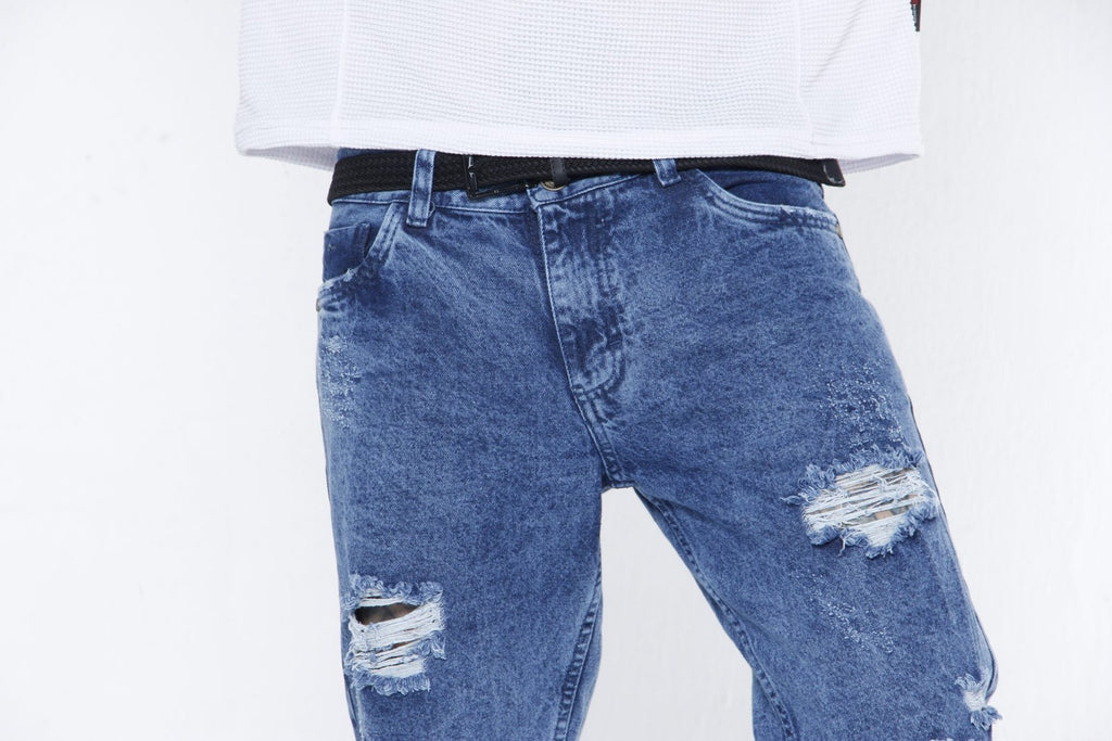 Jeans Rotos Hombre "Destroyed" - (Straight Fit) Azul Medio