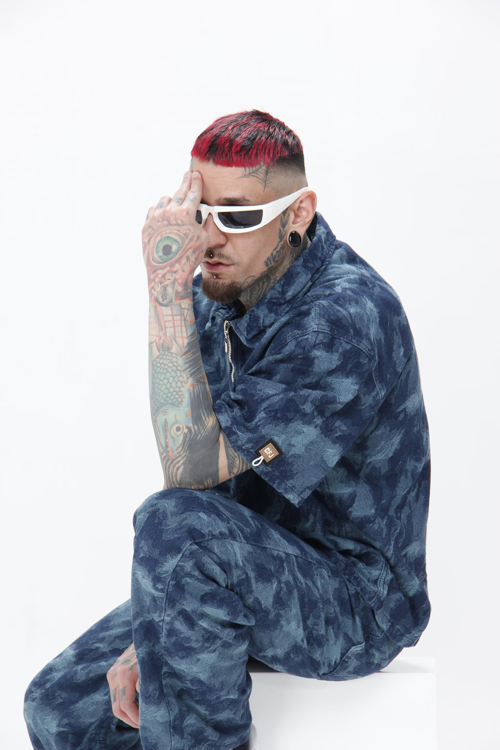 Camisa Jackard Denim | Zip-Up Boxy Fit Azul - Verde