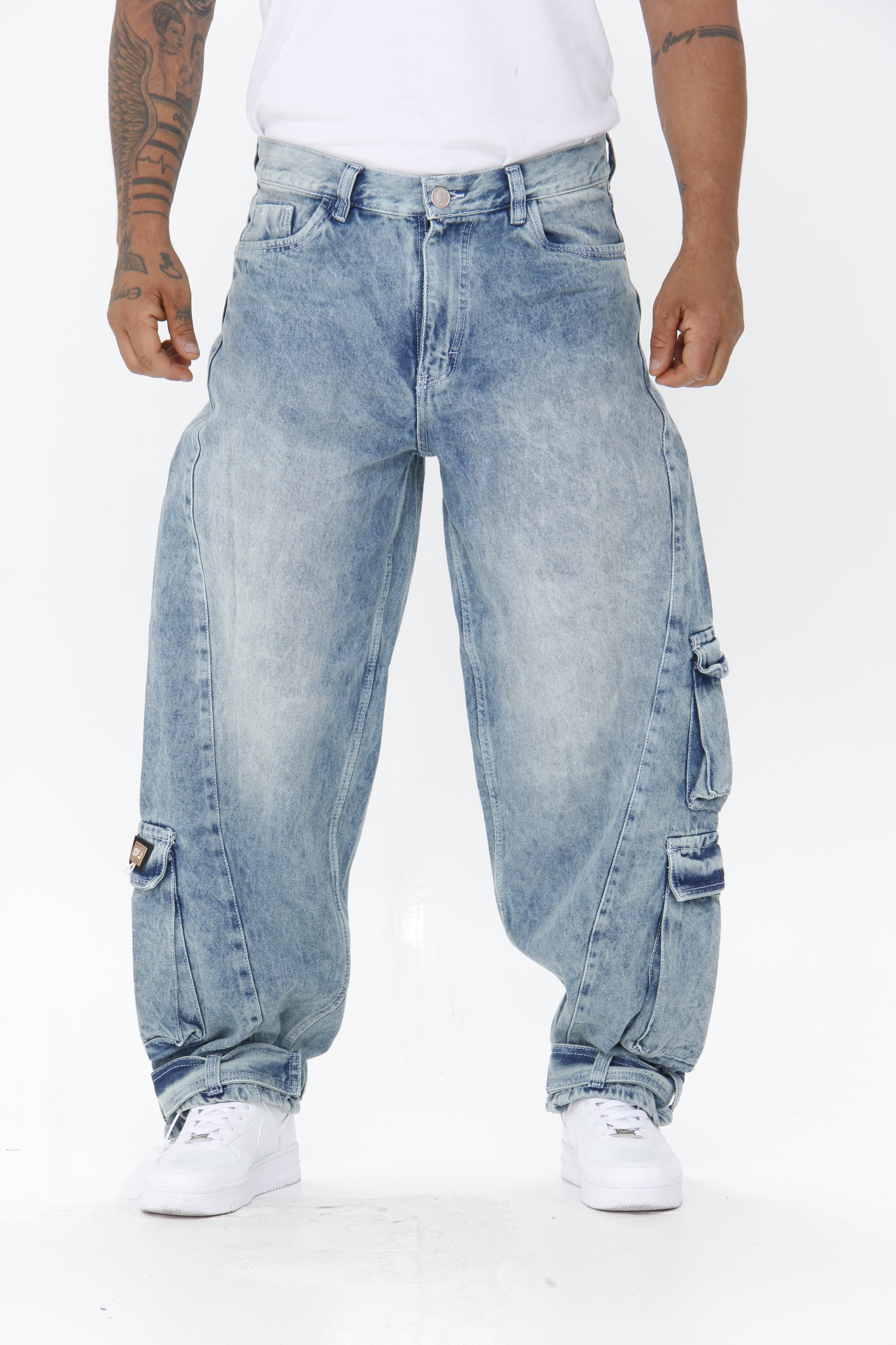 Jean Extra Cargo Baggy Hombre Azul Claro Desgastado | Denim Oversize Streetwear