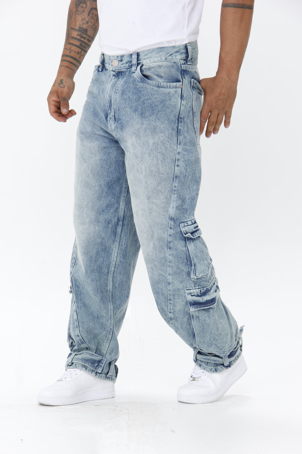Jean Extra Cargo Baggy Hombre Azul Claro Desgastado | Denim Oversize Streetwear