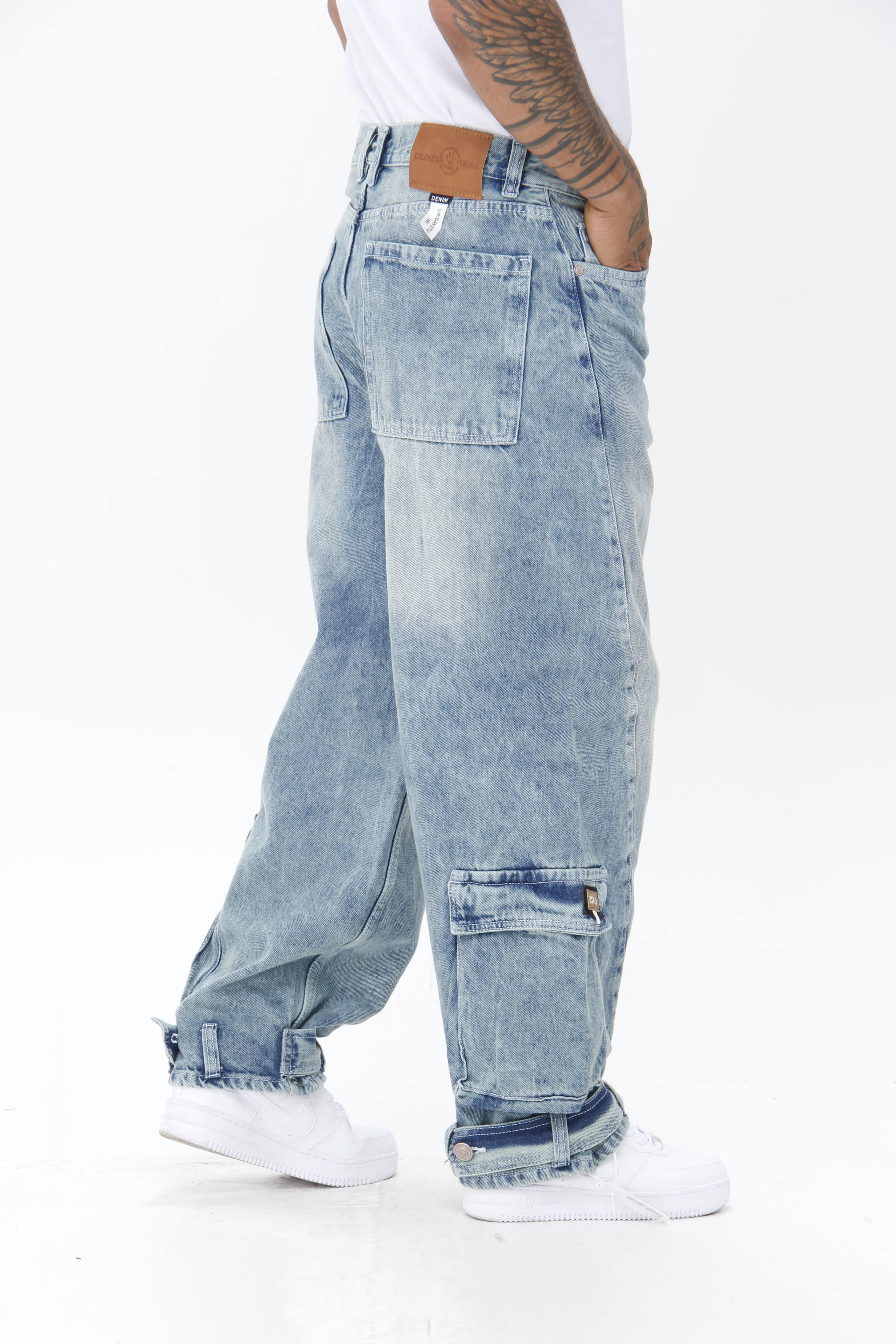 Jean Extra Cargo Baggy Hombre Azul Claro Desgastado | Denim Oversize Streetwear