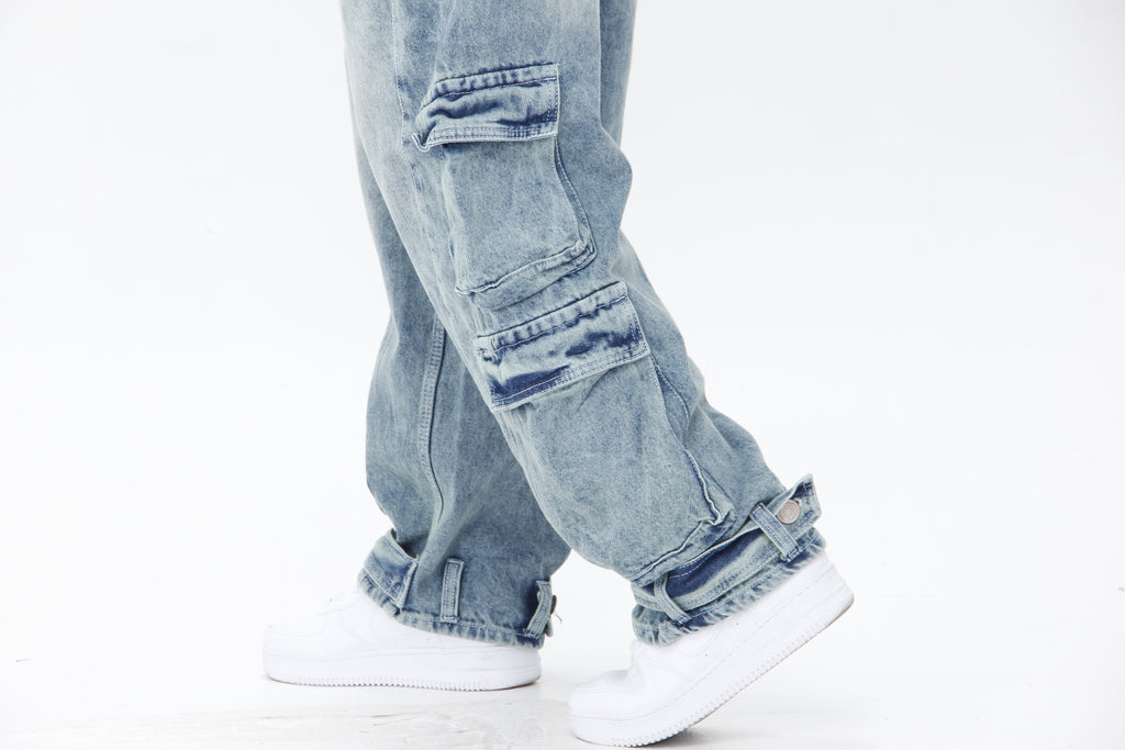 Jean Extra Cargo Baggy Hombre Azul Claro Desgastado | Denim Oversize Streetwear