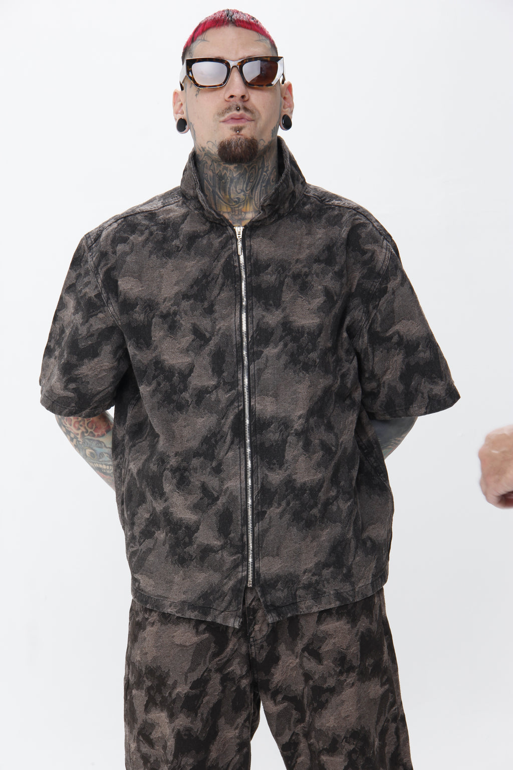 Camisa Jackard Denim | Zip-Up Boxy Fit Café-Negro