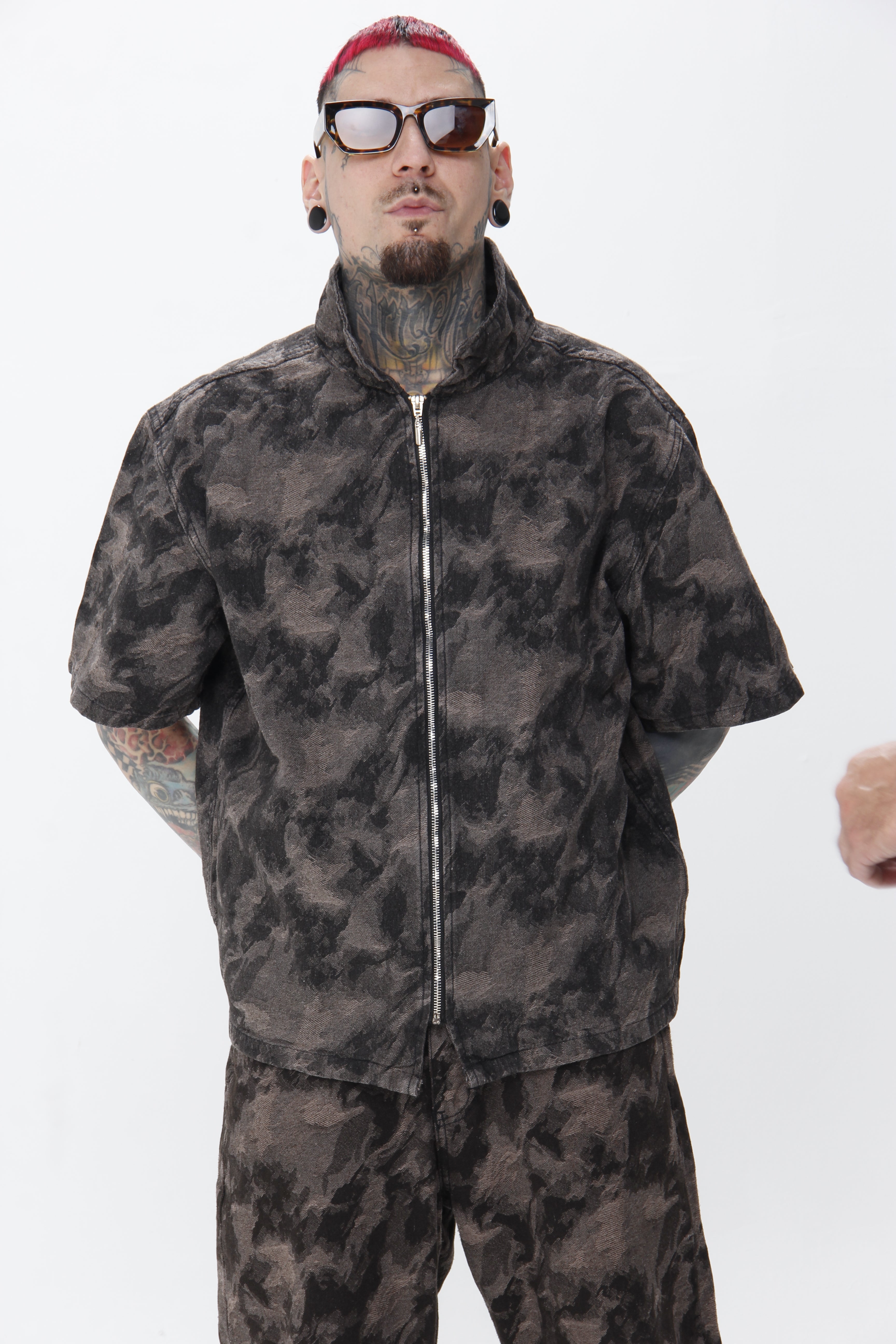 Camisa Jackard Denim | Zip-Up Boxy Fit Café-Negro