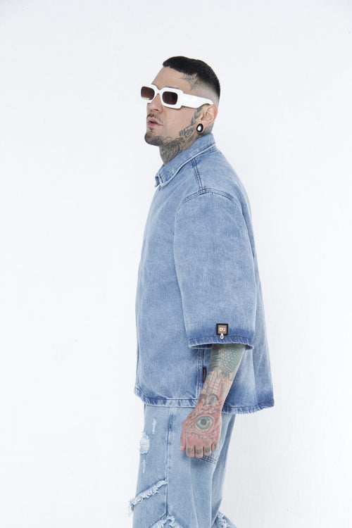 Camisa Denim Zip-Up Azul Vintage  - Boxy Fit