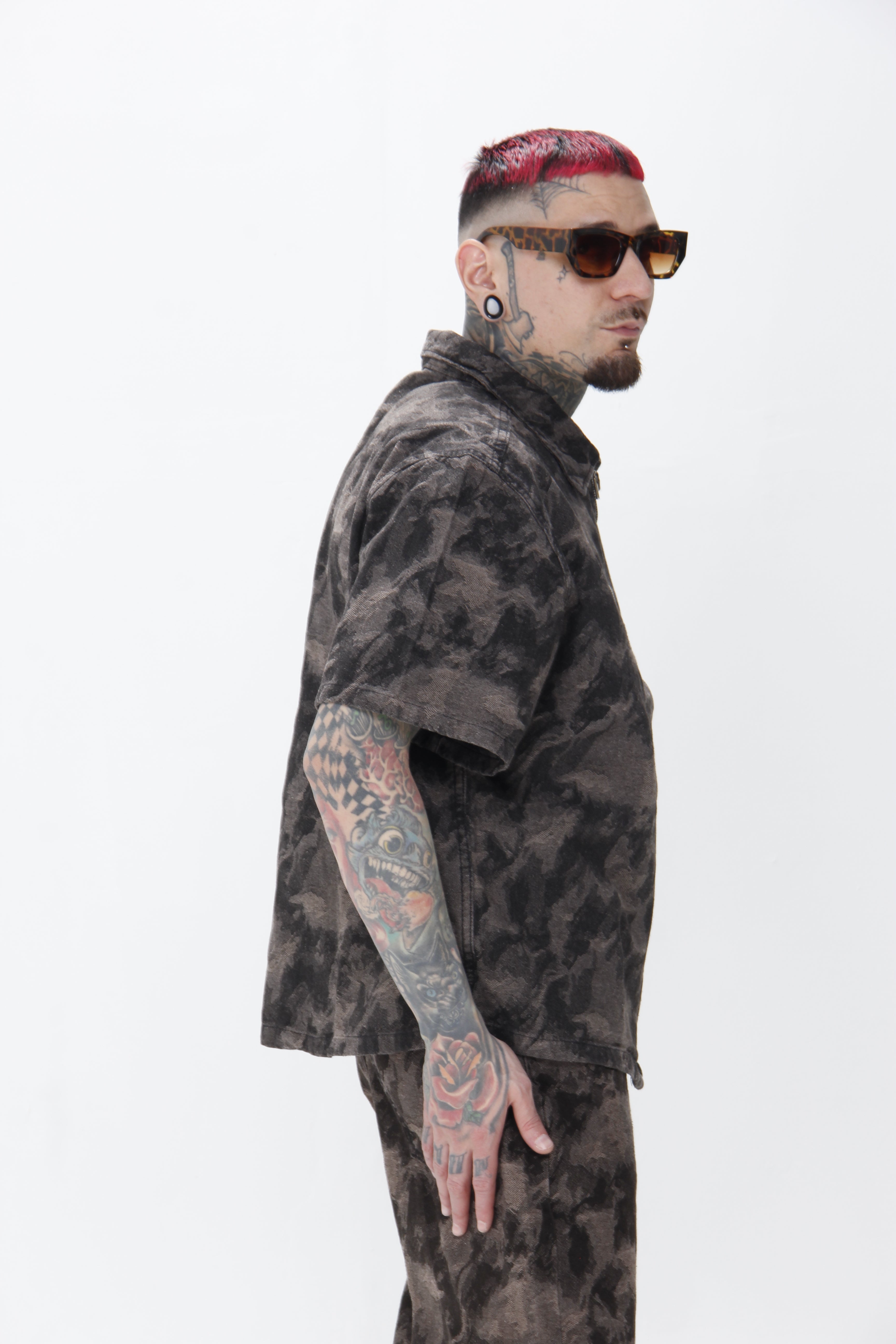 Camisa Jackard Denim | Zip-Up Boxy Fit Café-Negro
