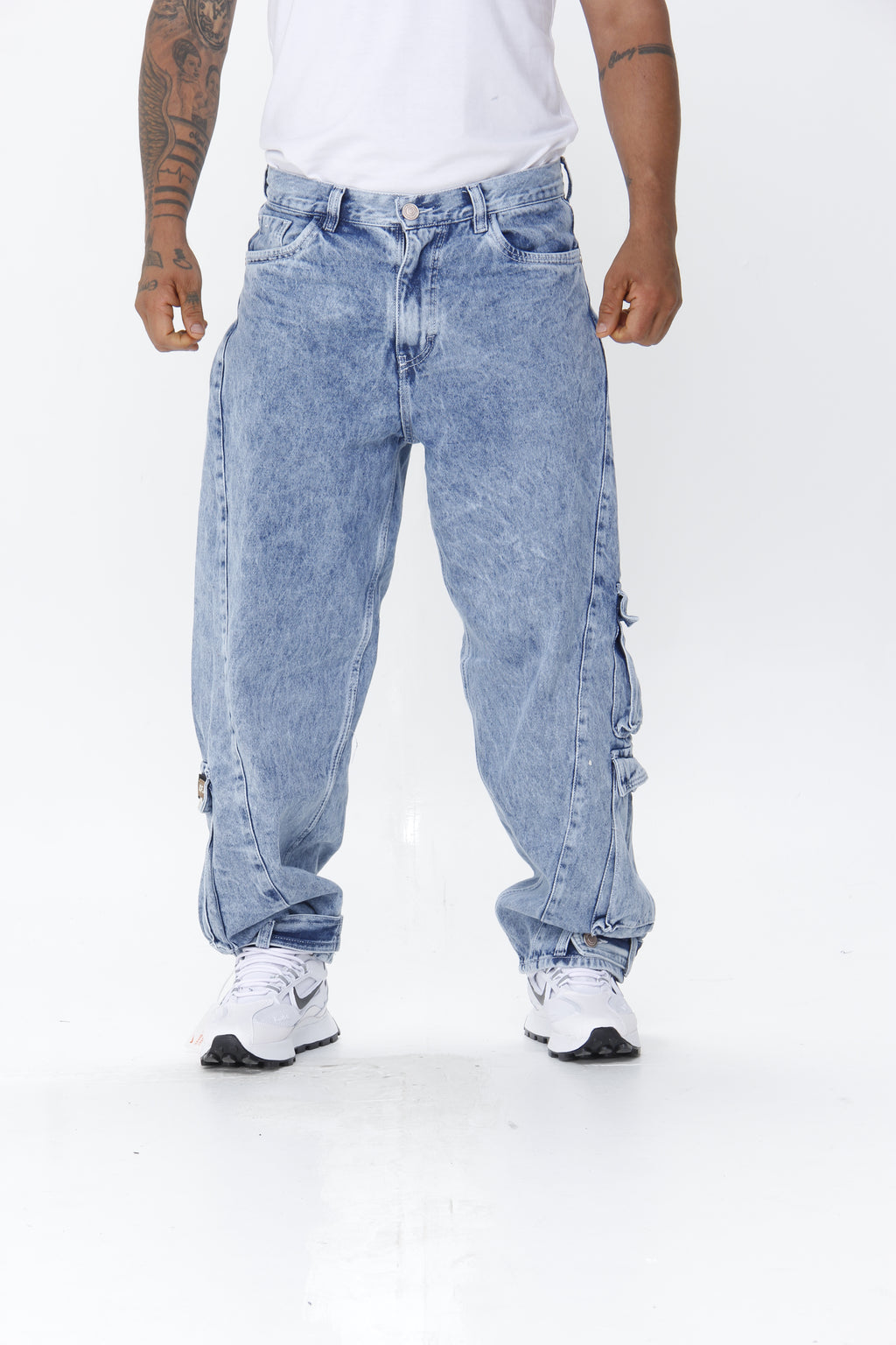 Jean Extra Cargo Baggy Hombre Azul Claro Desgastado | Denim Oversize Streetwear