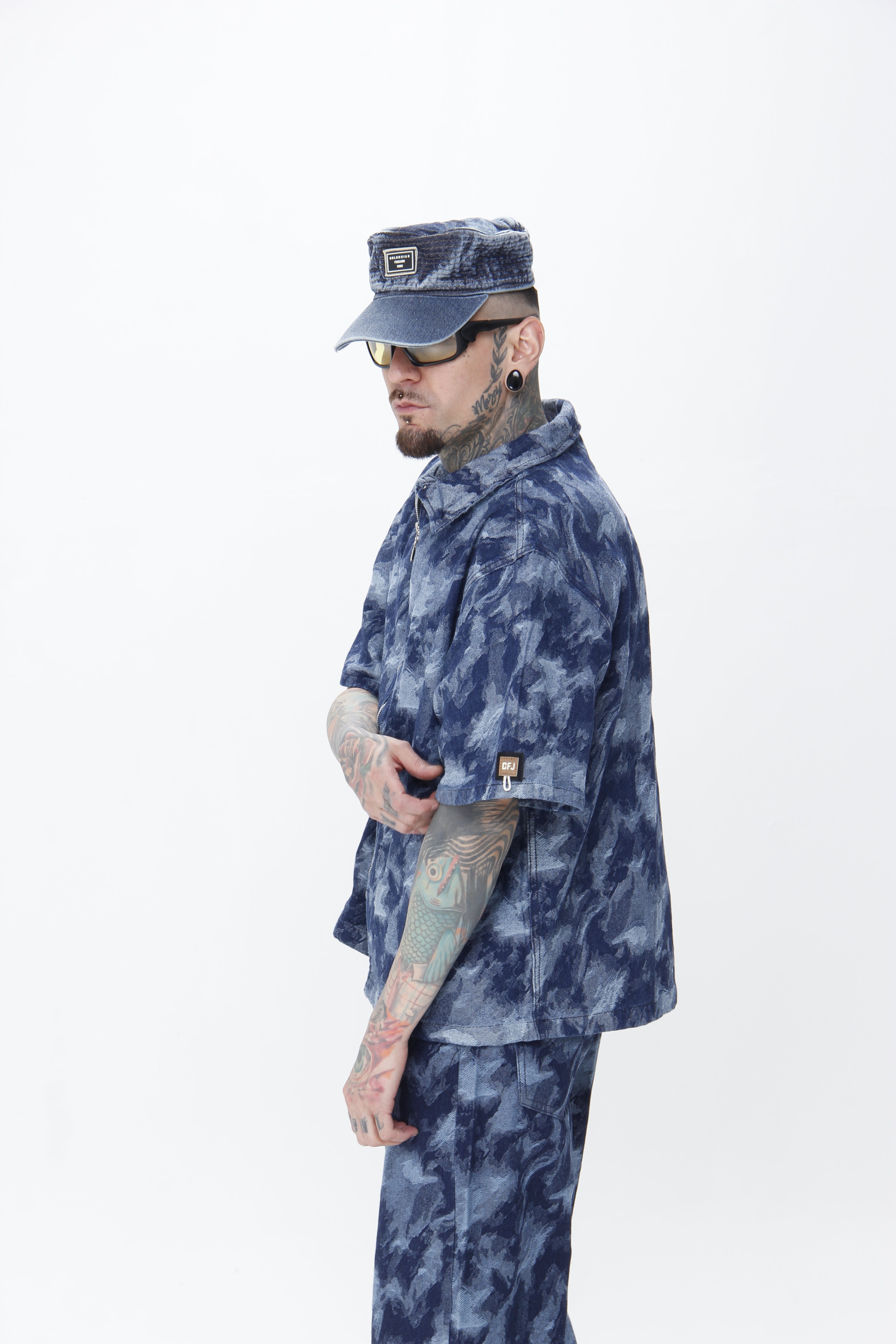 Camisa Jackard Denim | Zip-Up Boxy Fit Azul - Verde