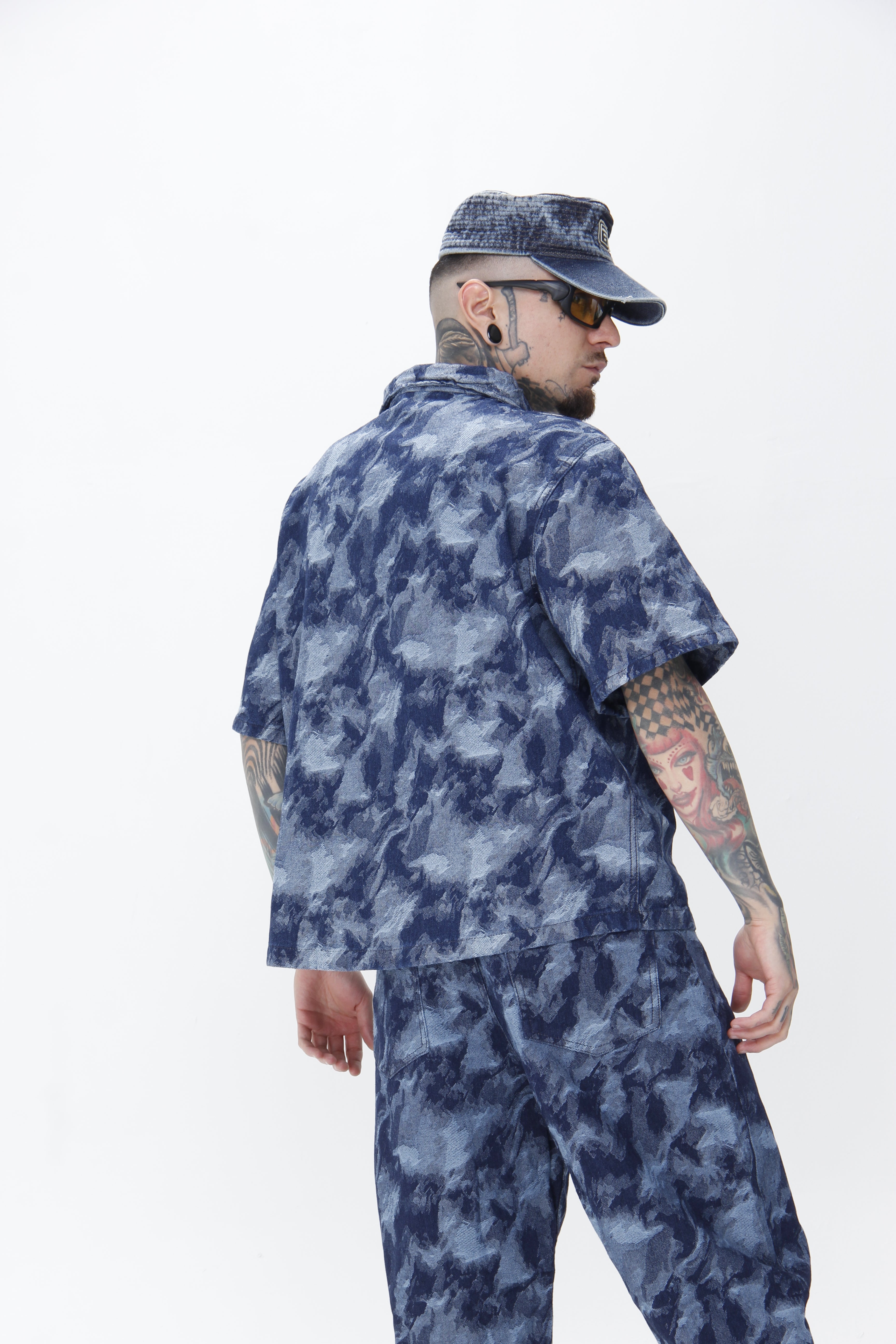 Camisa Jackard Denim | Zip-Up Boxy Fit Azul - Verde