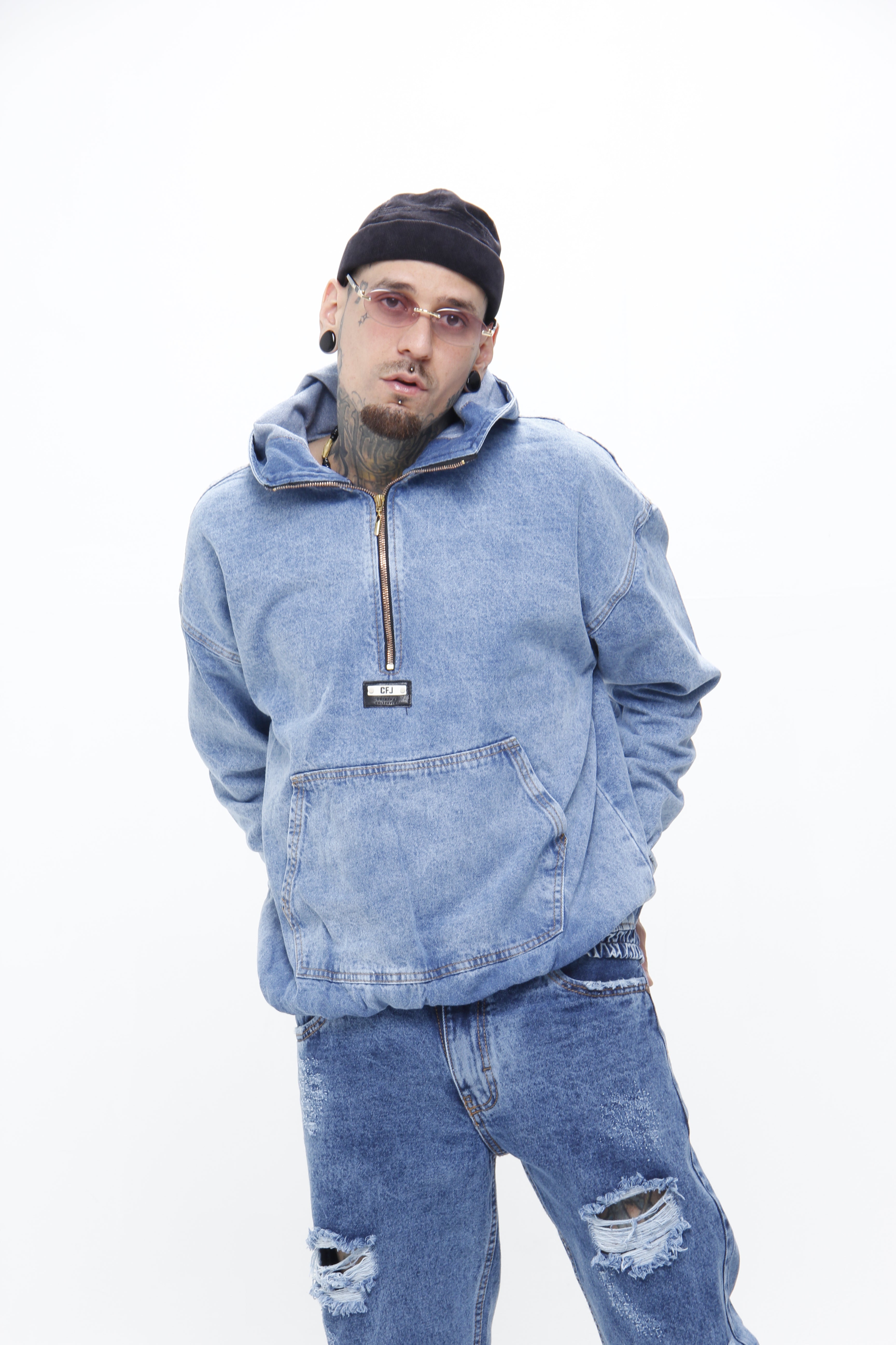 Buso Denim Hoodie – Sudadera denim con Cremallera Media, Capota y Bolsillo Canguro Estilo Streetwear