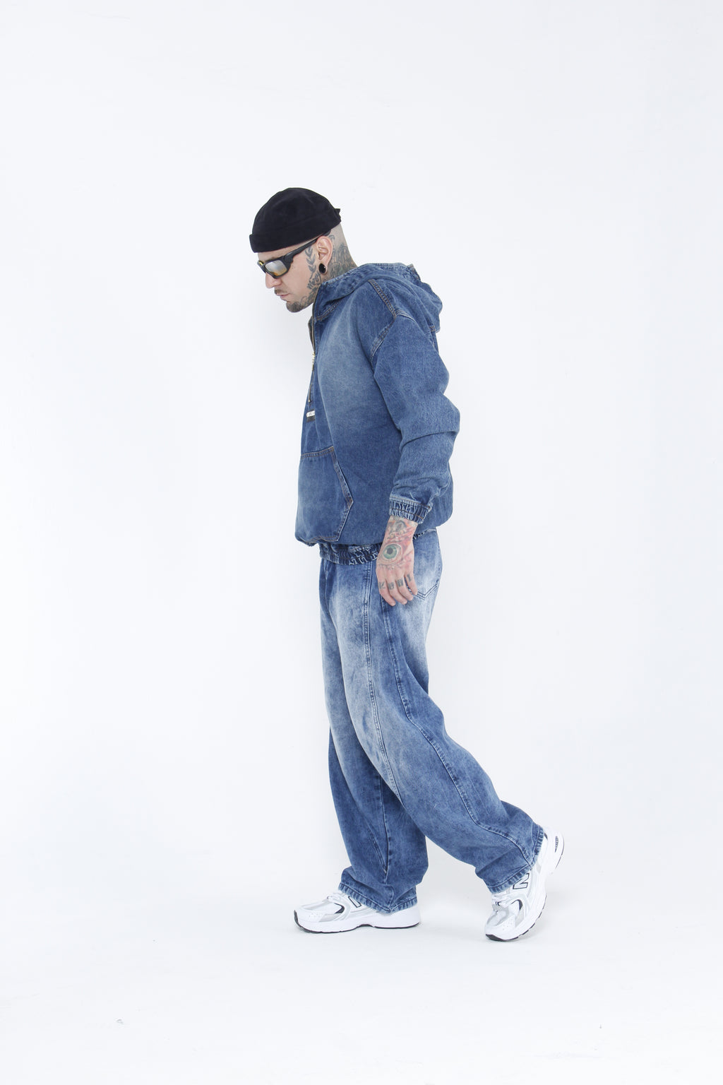 Hoodie Denim Half-Zip - Chamarra Canguro Oversized Azul