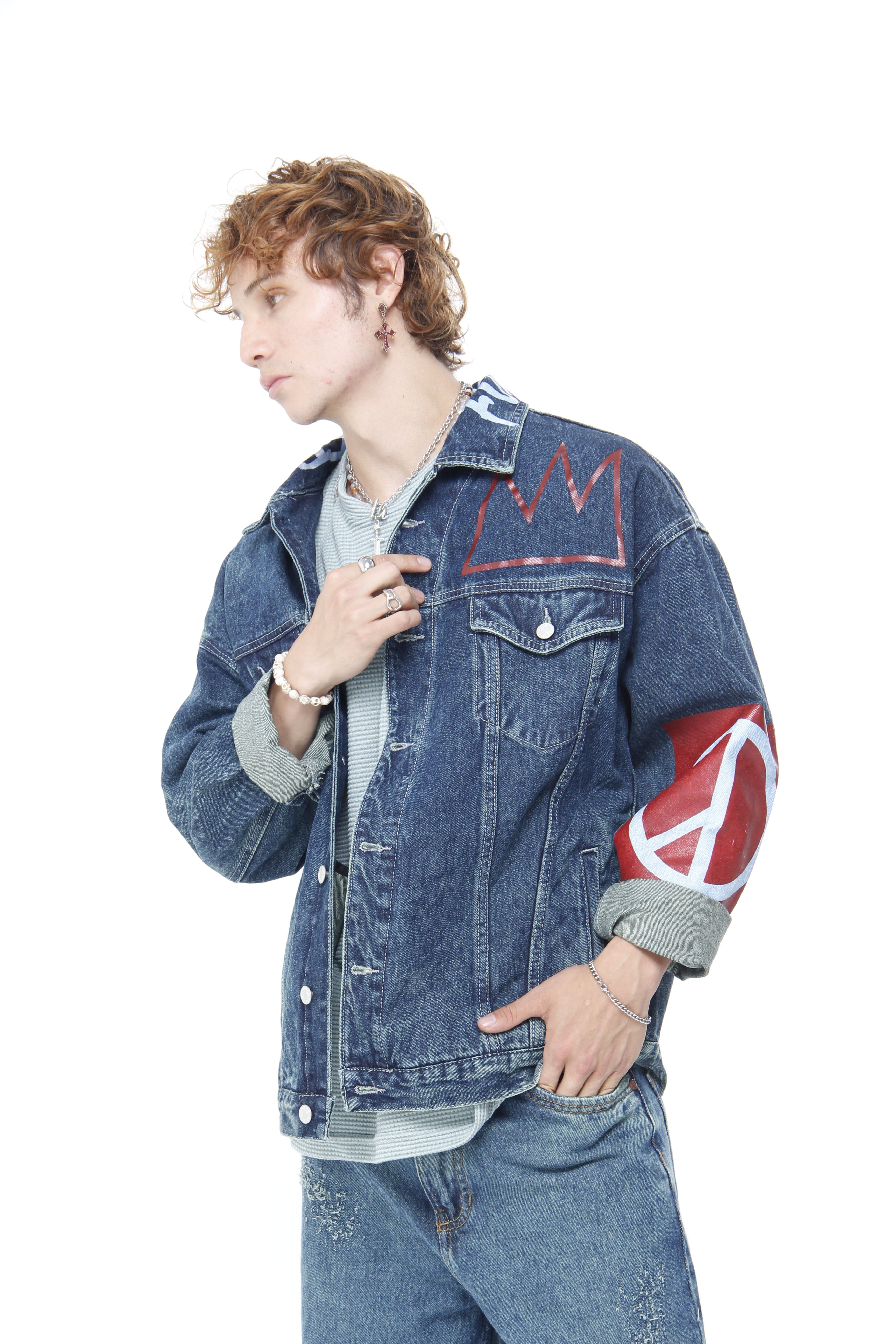 Chaqueta Denim Oversize con Gráfico Smiley y Corona