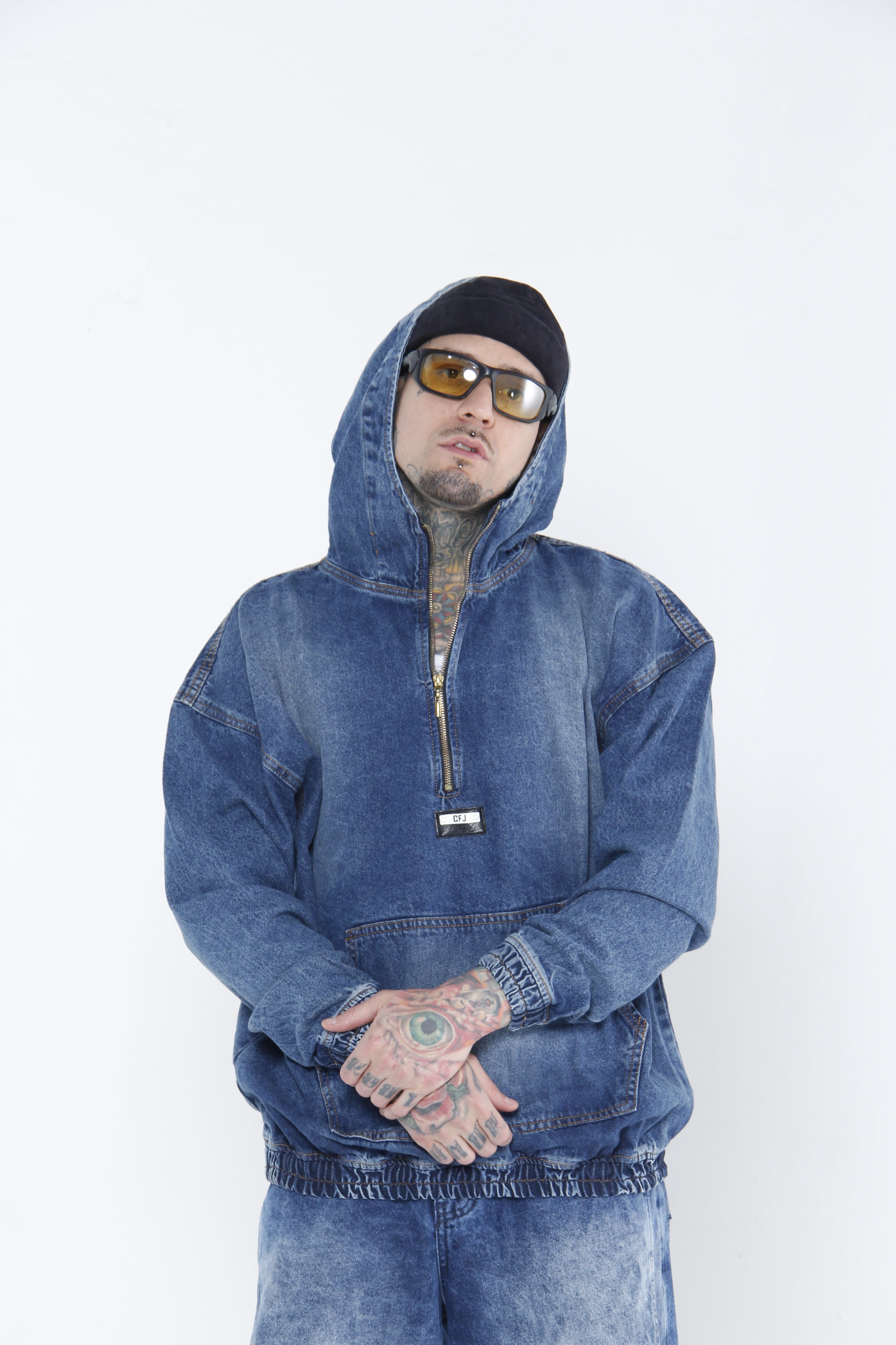 Hoodie Denim Half-Zip - Chamarra Canguro Oversized Azul