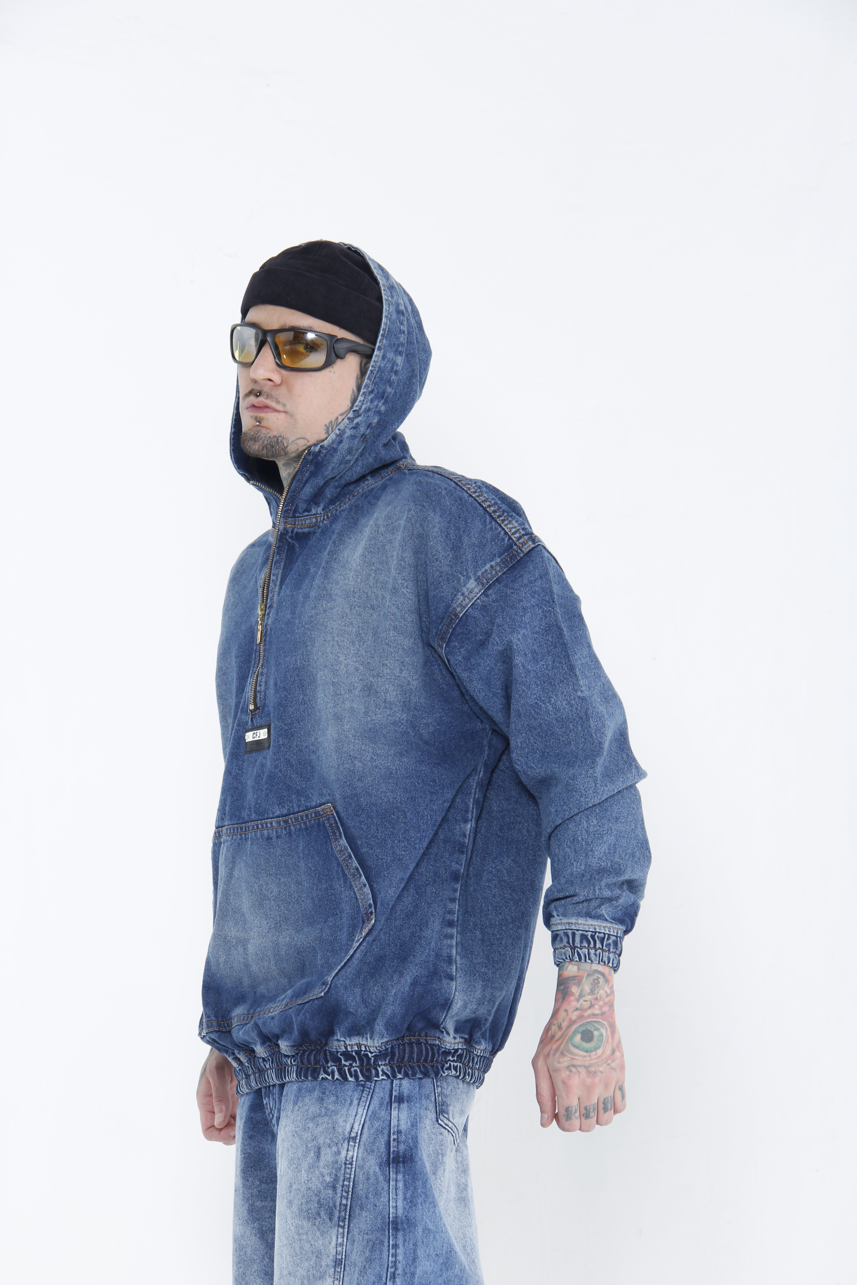 Hoodie Denim Half-Zip - Chamarra Canguro Oversized Azul