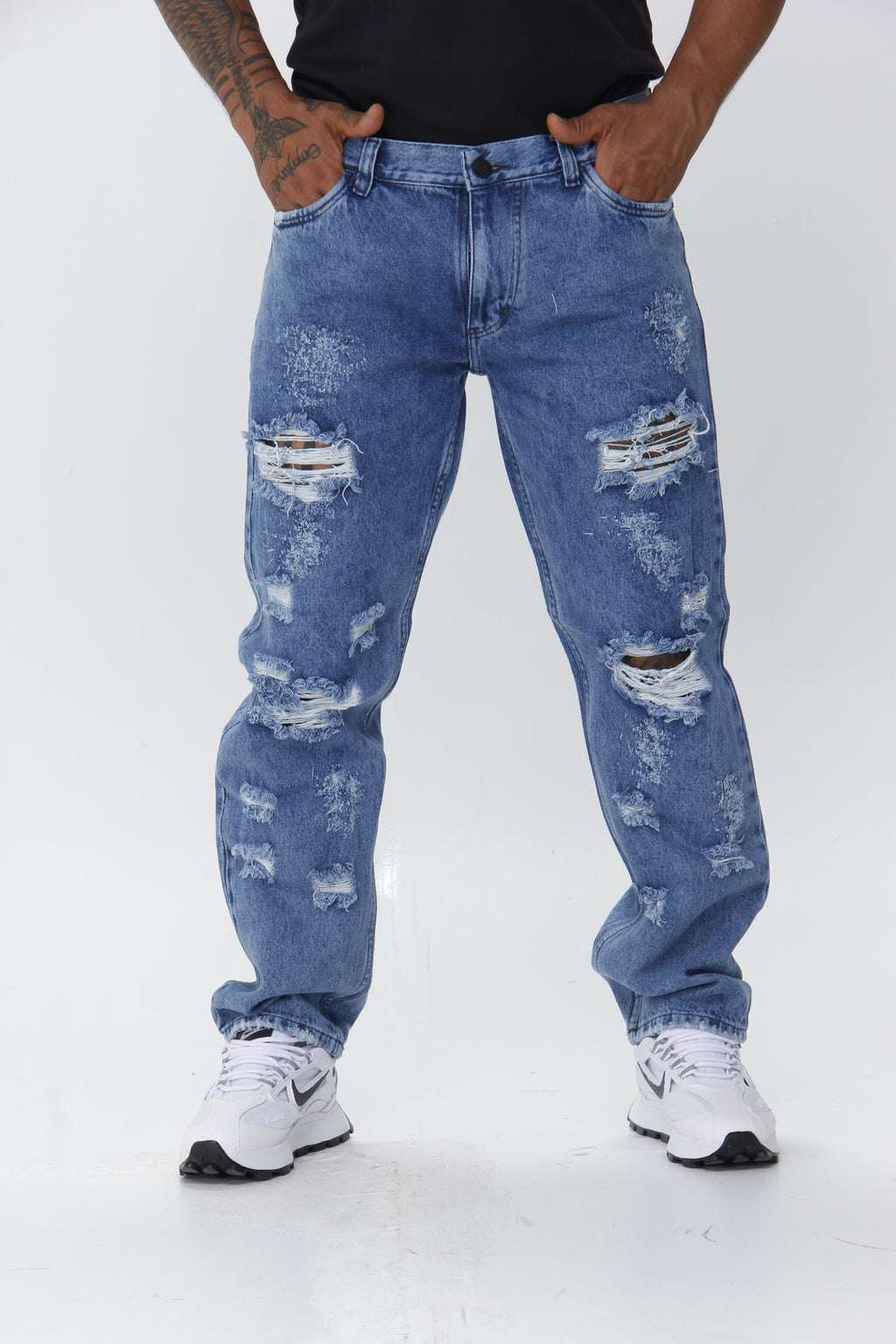 Jean Hombre Bota Recta con Destroyer Roto Azul Oscuro | Denim Desgastado Streetwear
