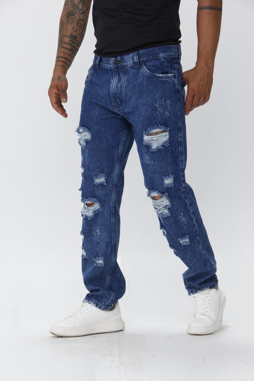 Jean Hombre Bota Recta con Destroyer Roto Azul Oscuro | Denim Desgastado Streetwear
