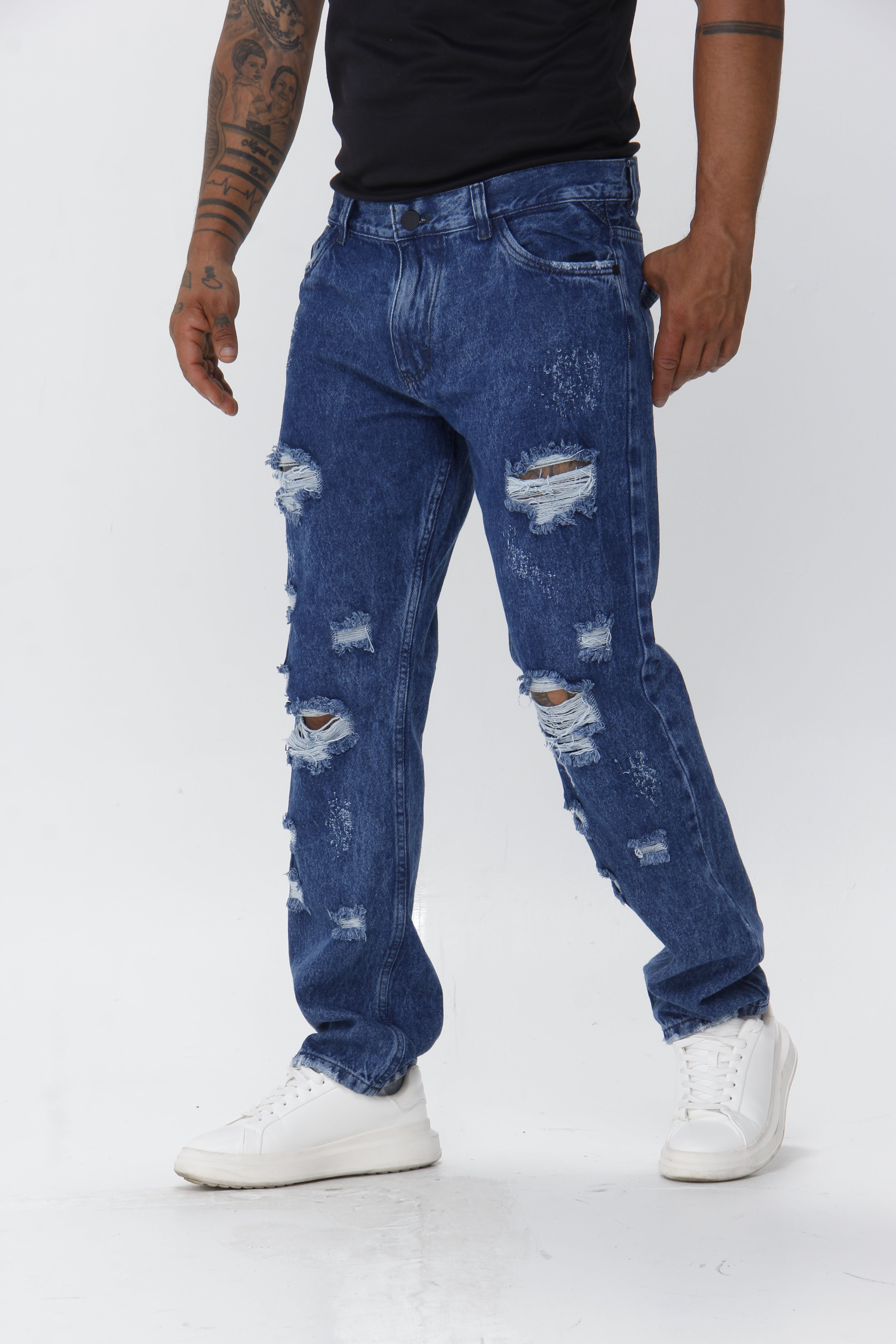 Jean Hombre Bota Recta con Destroyer Roto Azul Oscuro | Denim Desgastado Streetwear