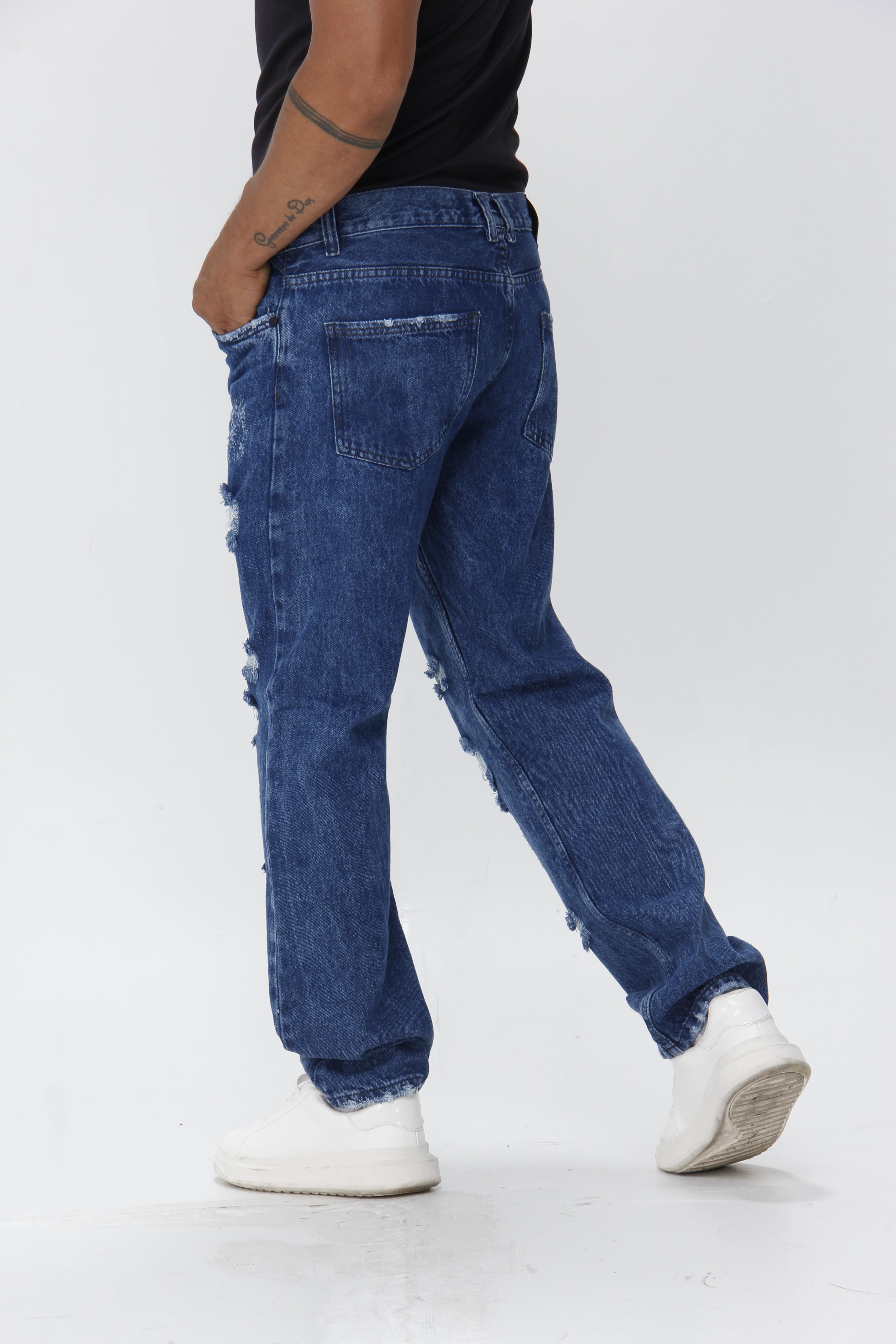 Jean Hombre Bota Recta con Destroyer Roto Azul Oscuro | Denim Desgastado Streetwear