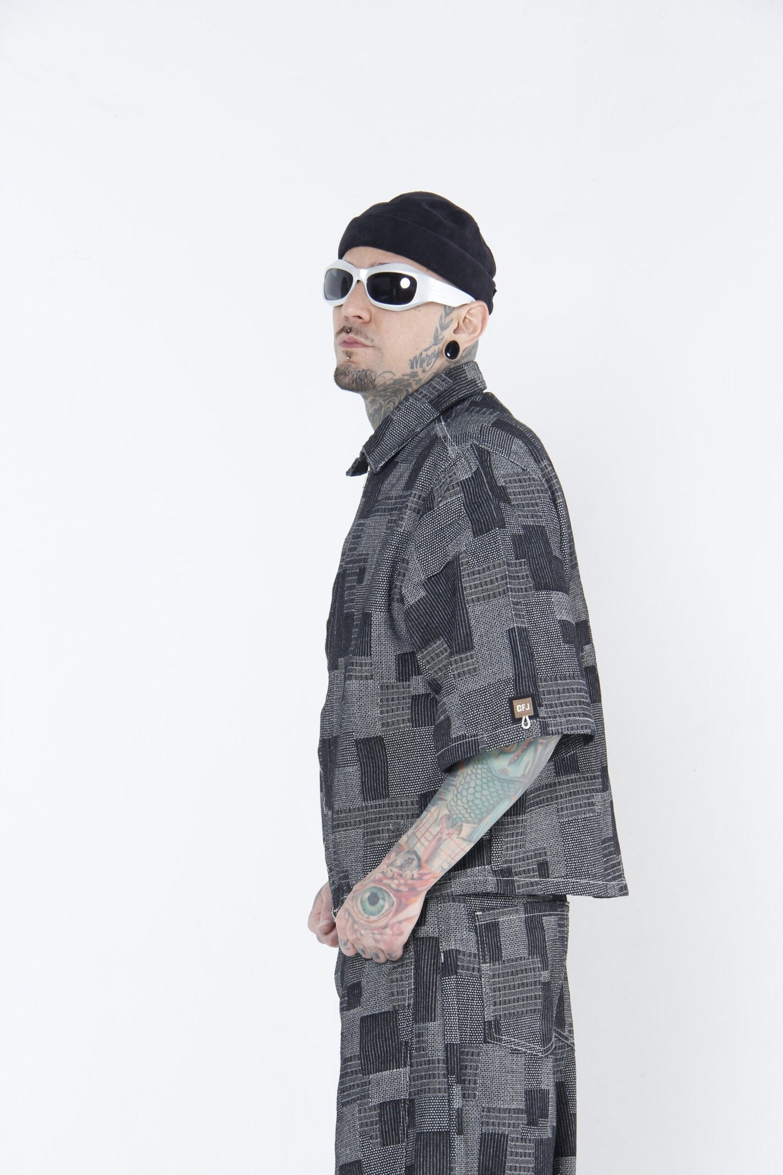 Camisa Jackard Gris "Geometric Patchwork"  Zip-Up Boxy Fit