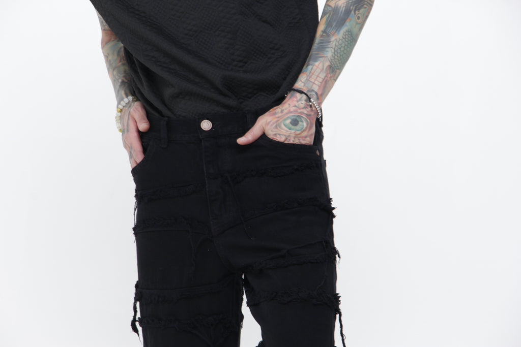 Jean Trendy Fit Negro Desconstruido – Pantalón Denim de Flecos Estilo Urbano