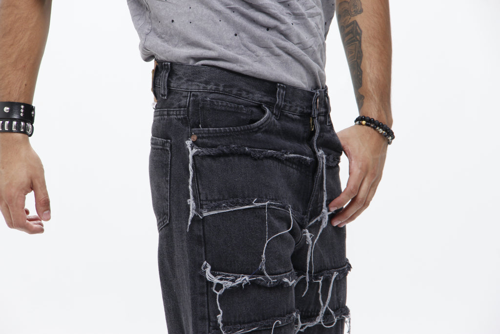 Jean Trendy Fit Negro Desconstruido – Pantalón Denim de Flecos Estilo Urbano