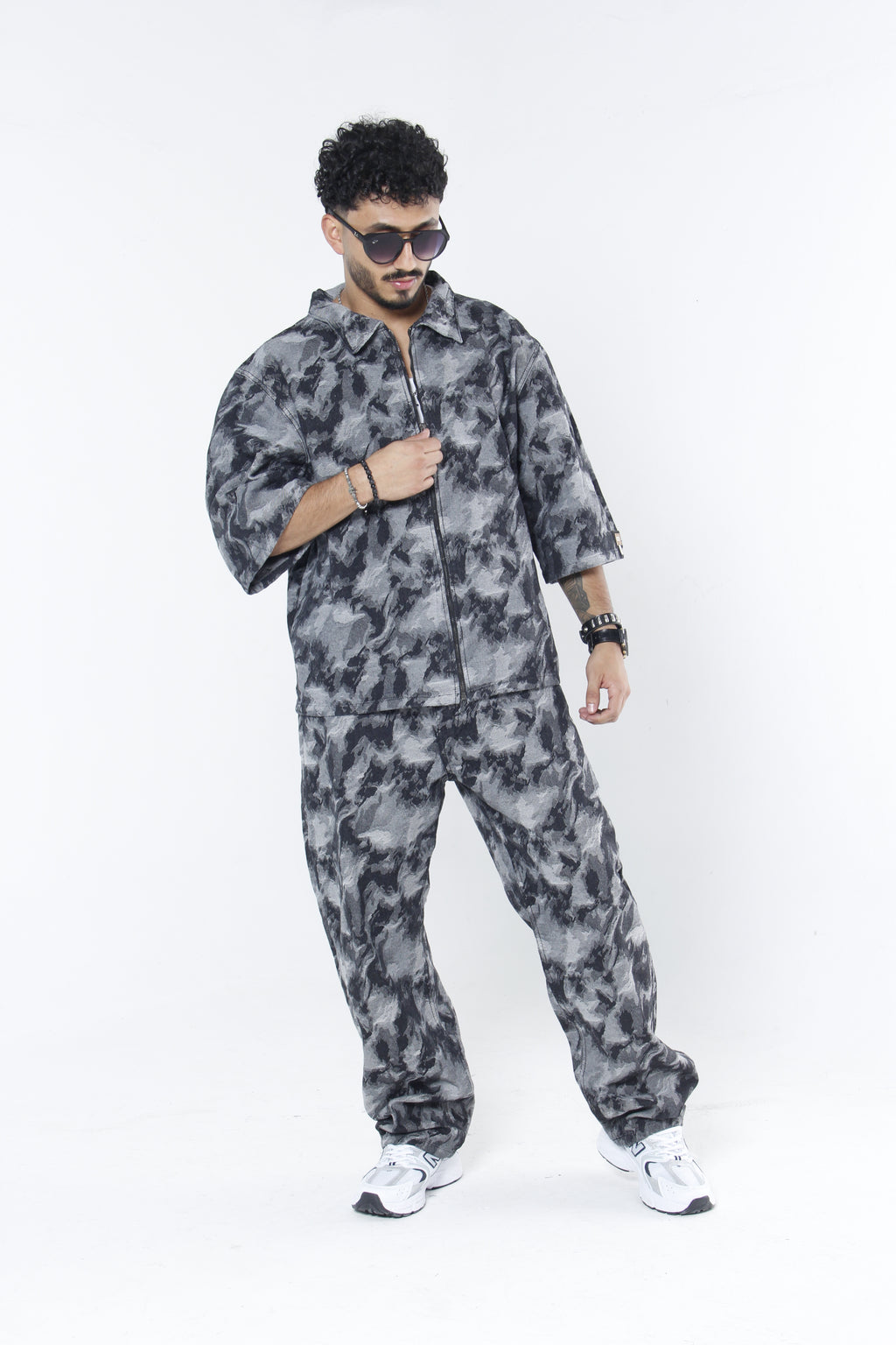 Camisa Jackard Denim | Zip-Up Boxy Fit Café-Negro