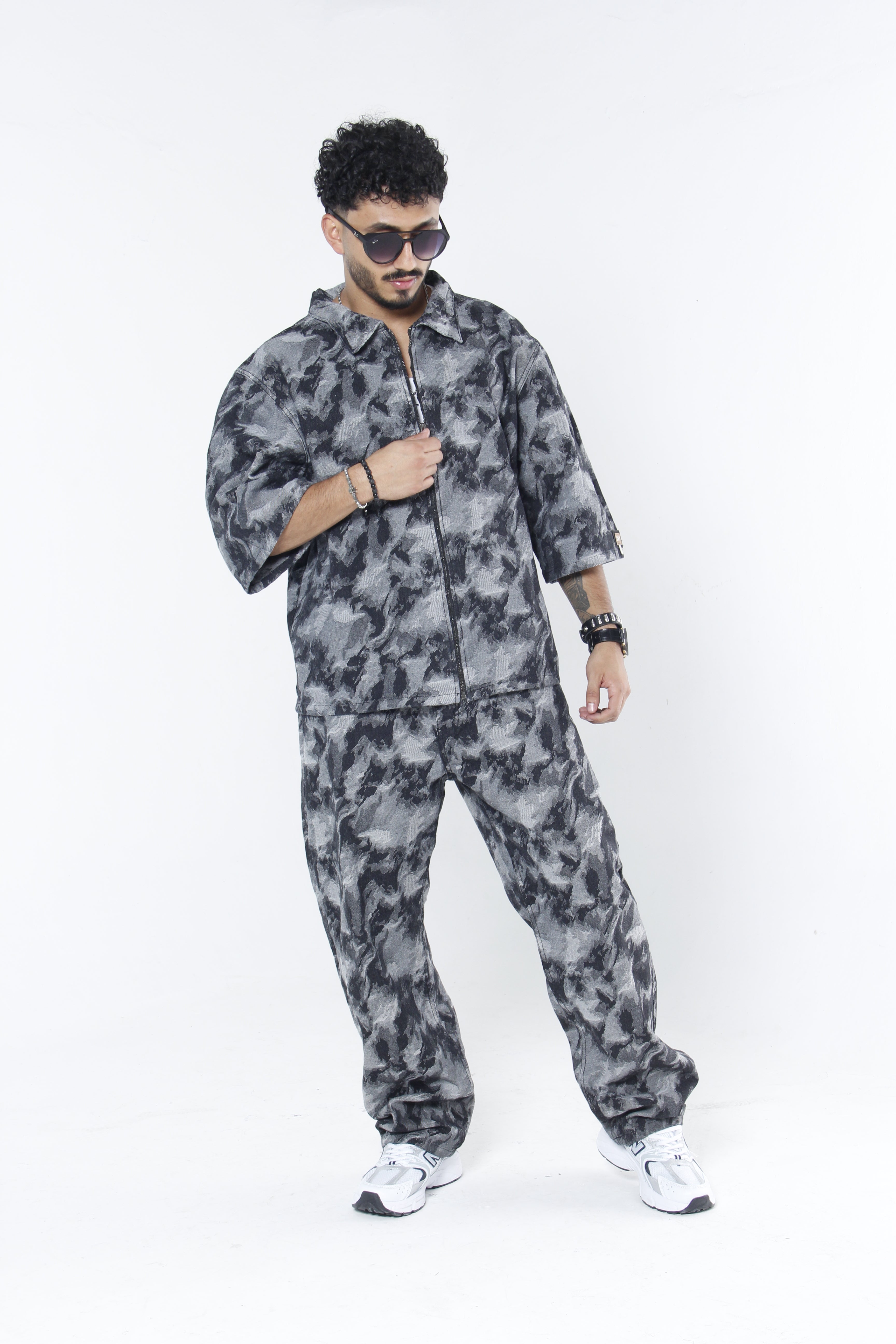 Camisa Jackard Denim | Zip-Up Boxy Fit Café-Negro
