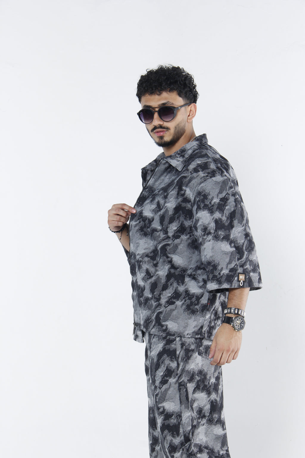Camisa Jackard Denim | Zip-Up Boxy Fit Café-Negro