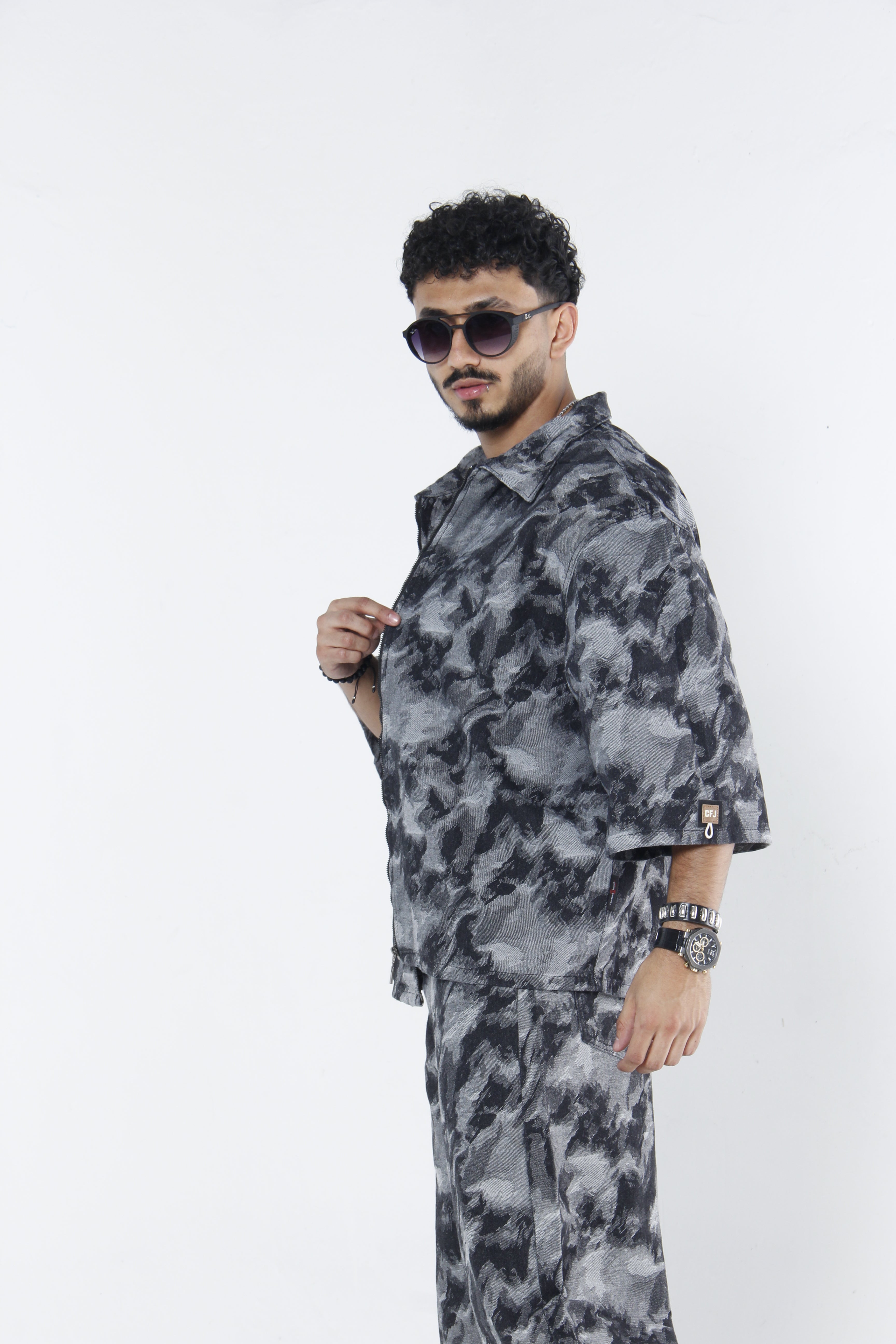 Camisa Jackard Denim | Zip-Up Boxy Fit Café-Negro