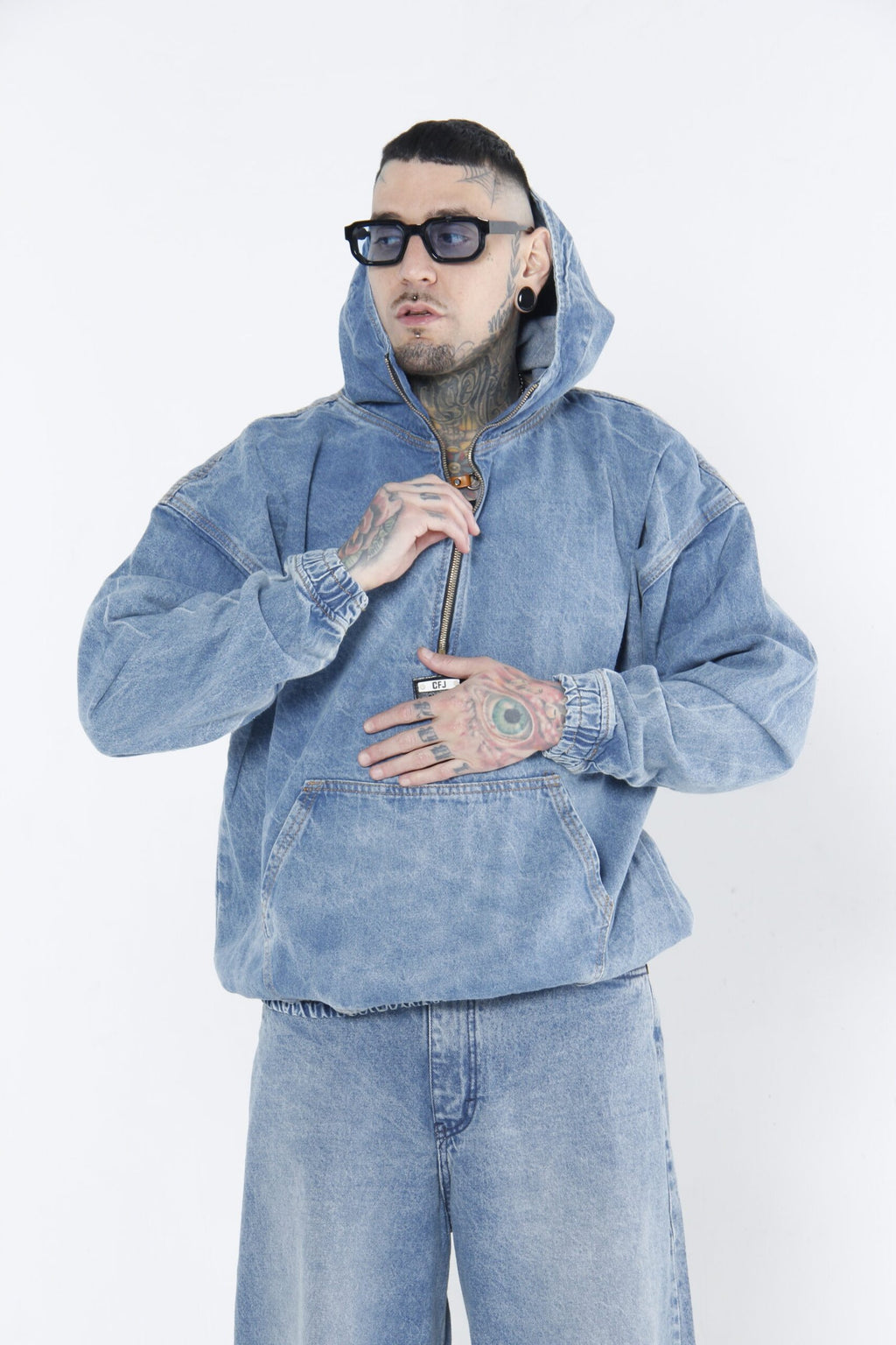 Hoodie Denim Half-Zip - Chamarra Canguro Oversized Azul